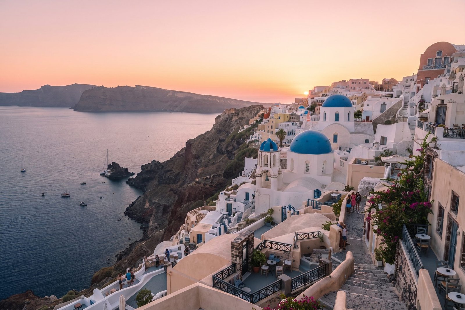 Oia blue domed churches above the sea at sunset, Santorini, Greece