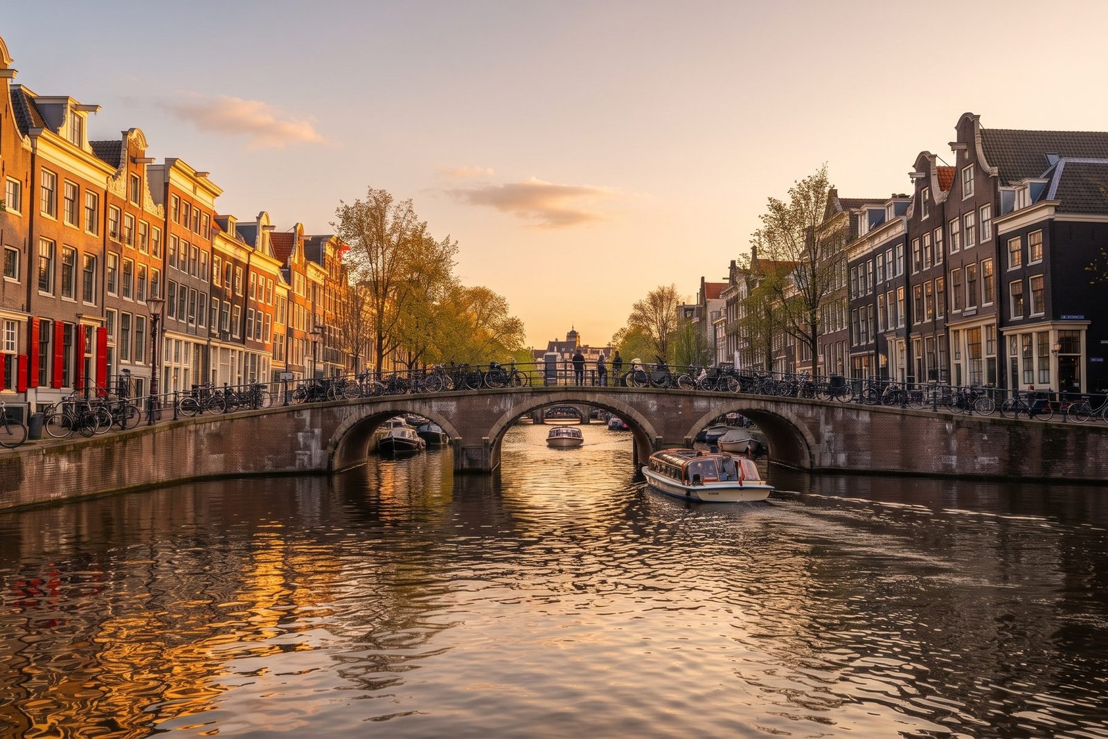 Amsterdam canal with historic houses and bridge at sunset, Netherlands