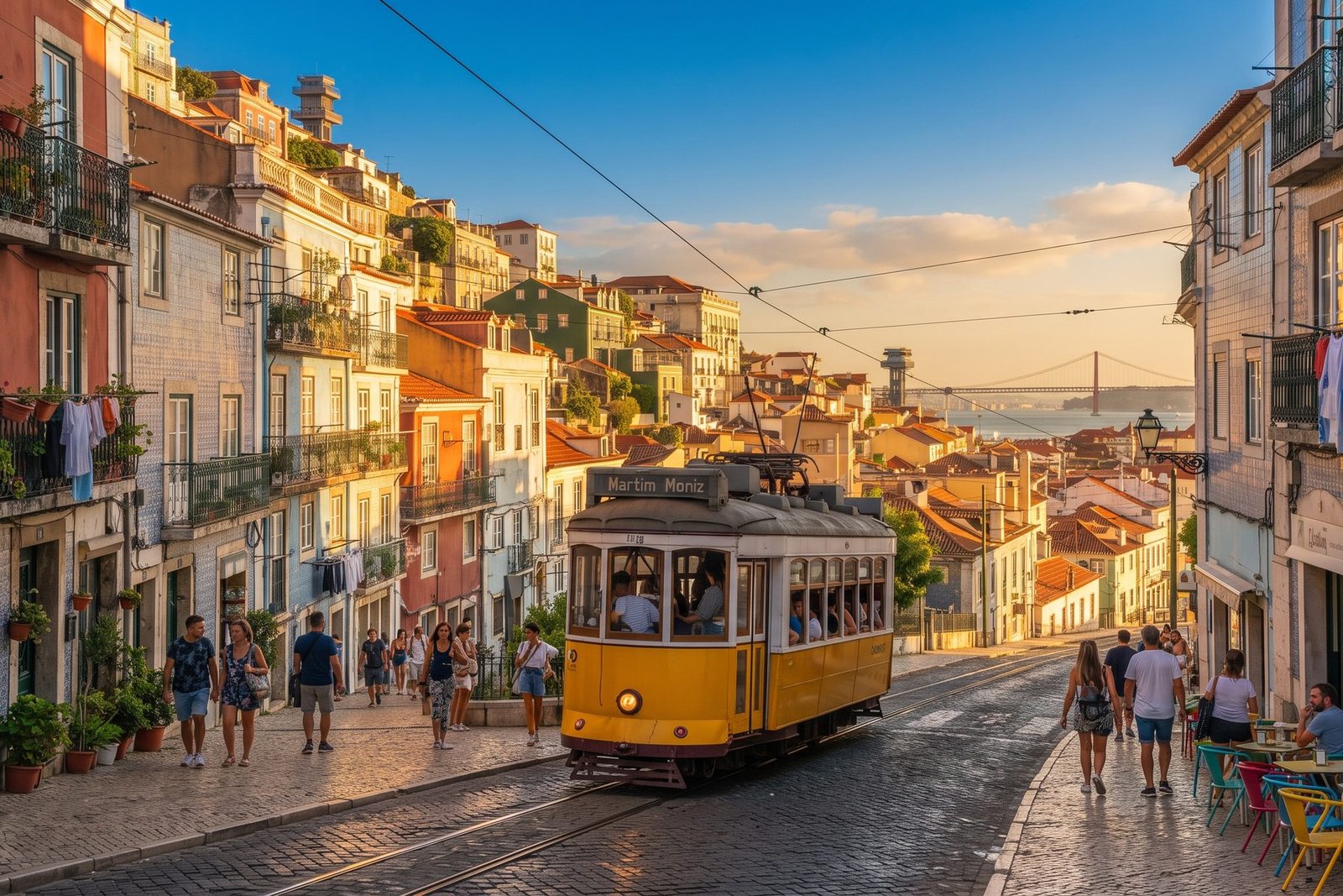 Yellow tram on a Lisbon street with colorful tiled buildings, Portugal