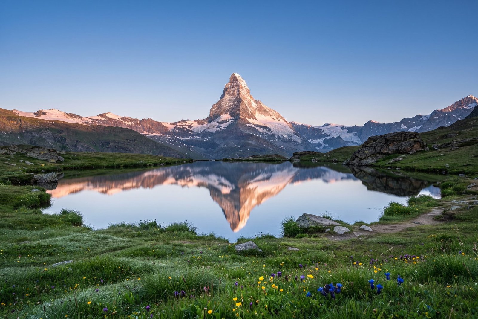 Matterhorn reflected in an alpine lake at sunrise, Switzerland