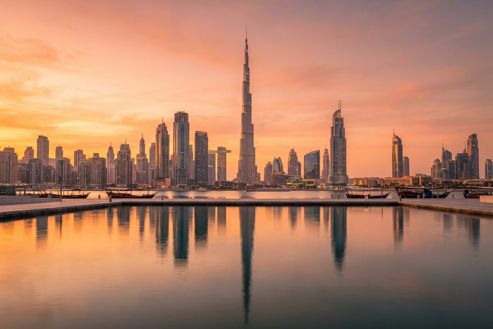 Dubai skyline with Burj Khalifa at sunset