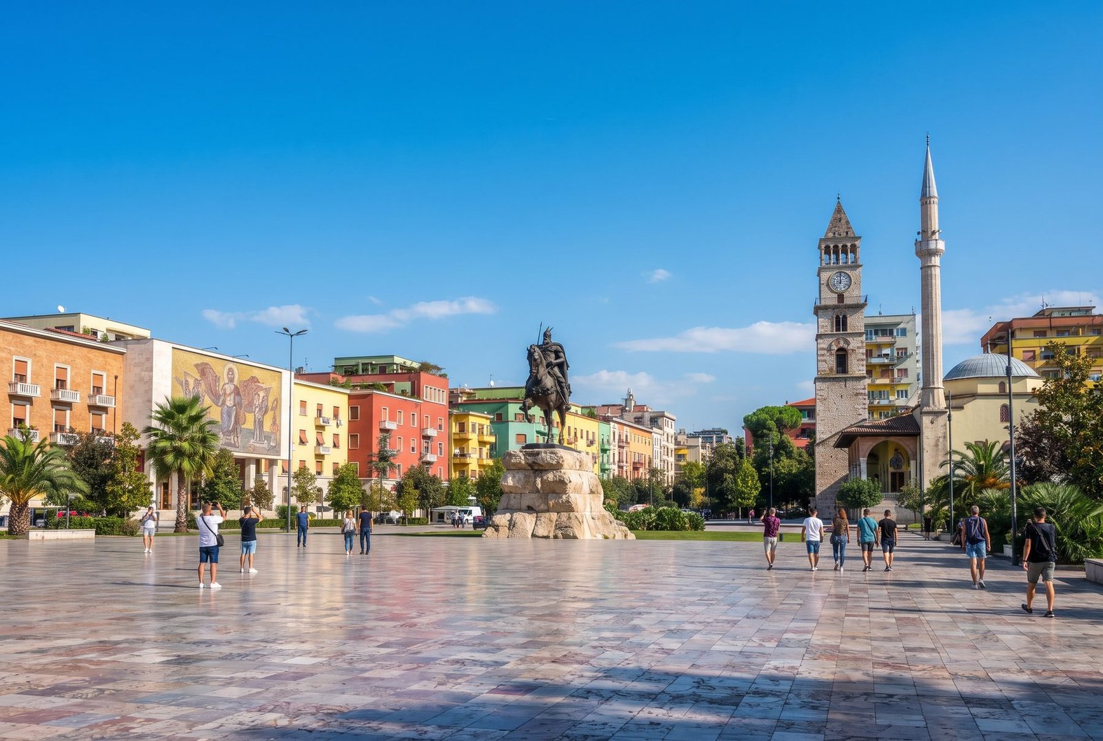 Skanderbeg Square with the equestrian statue and colourful buildings in Tirana, Albania