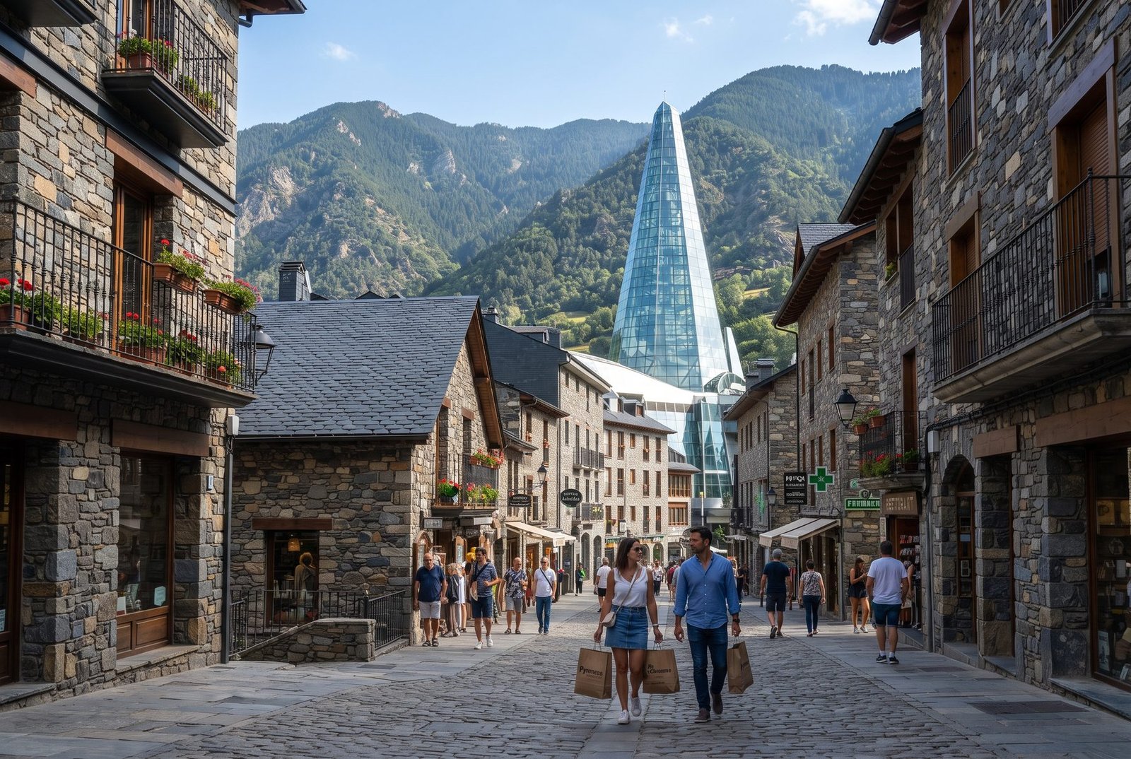 Andorra la Vella old town stone street with the glass Caldea spa tower and Pyrenees mountains, Andorra