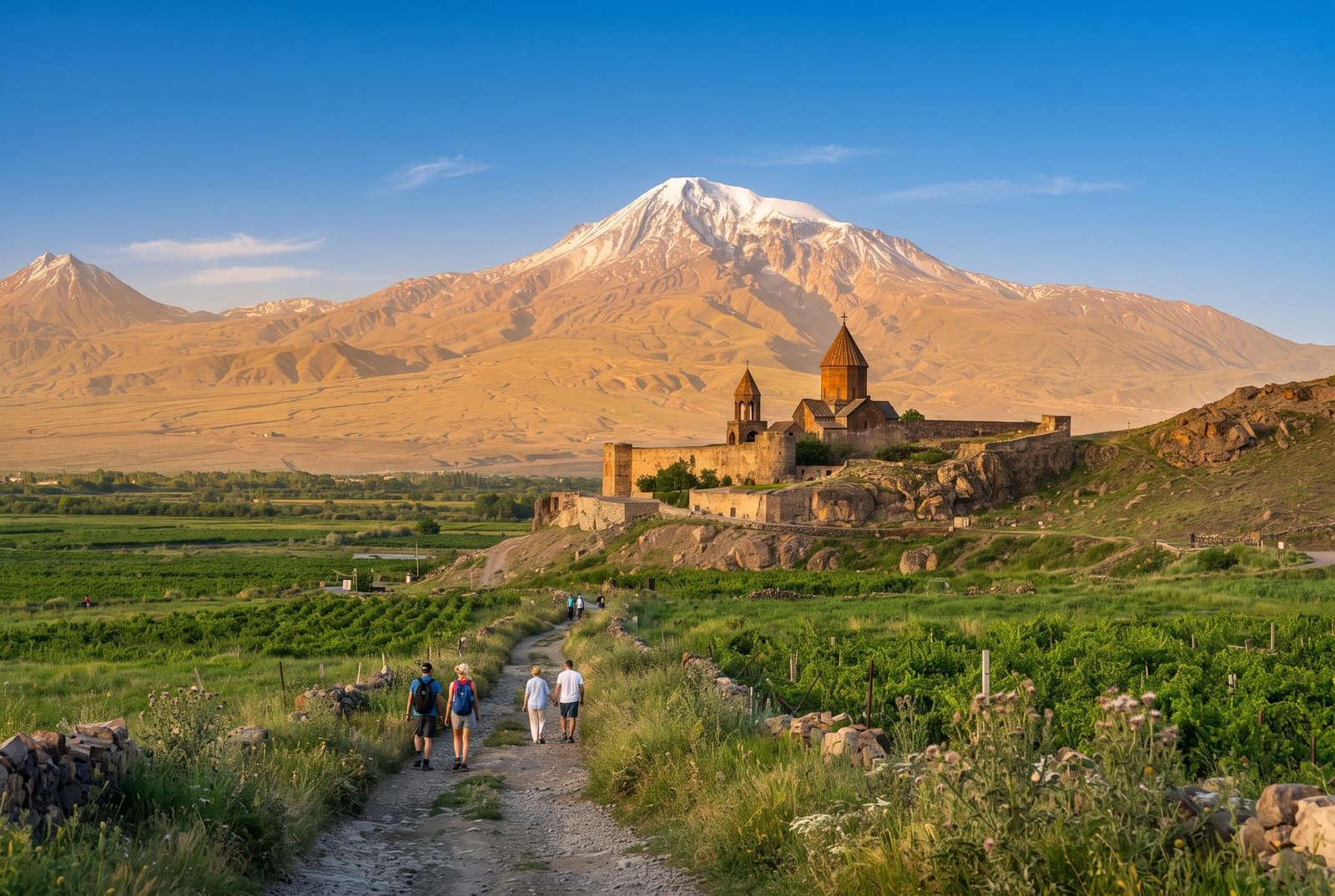 Khor Virap monastery with snow-capped Mount Ararat behind and tourists walking on a path, Armenia