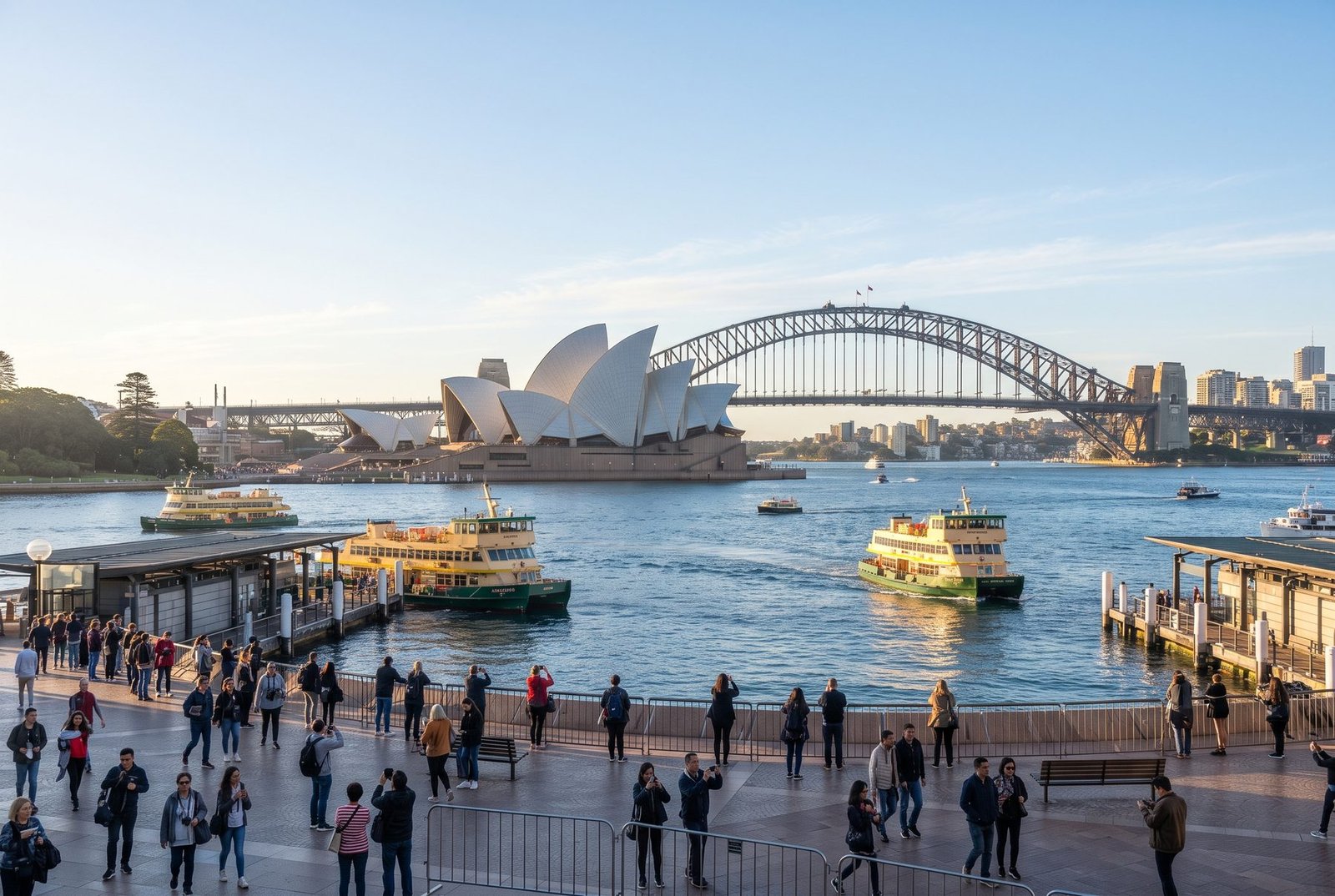 Sydney Opera House and Harbour Bridge from Circular Quay with tourists on the promenade and ferries on the harbour, Australia