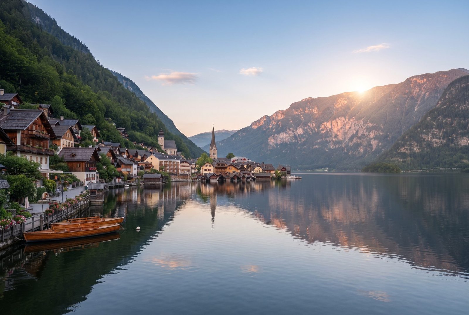 Hallstatt village on the lake with the Alps, Austria
