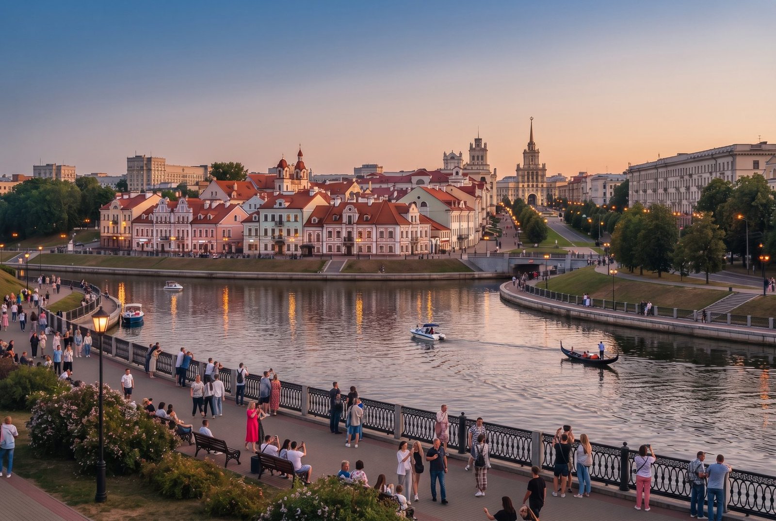 Colourful Trinity Suburb houses on the Svislach river in Minsk at sunset with people on the embankment, Belarus