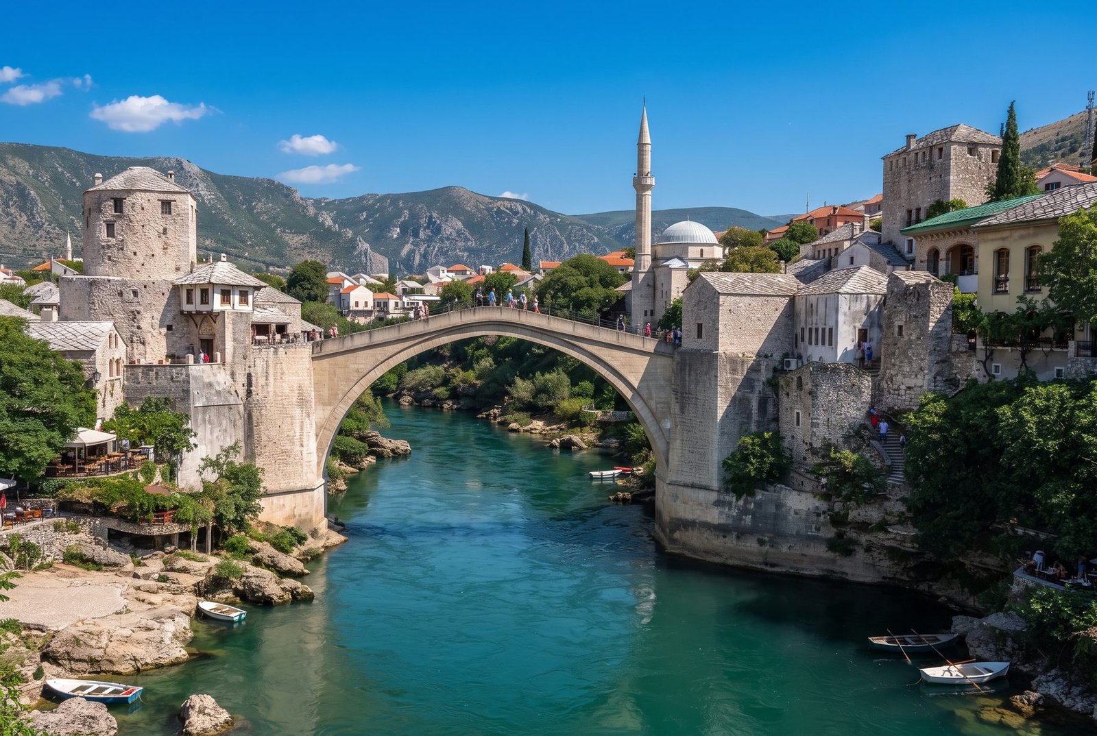 Stari Most Old Bridge arching over the Neretva river in Mostar, Bosnia and Herzegovina