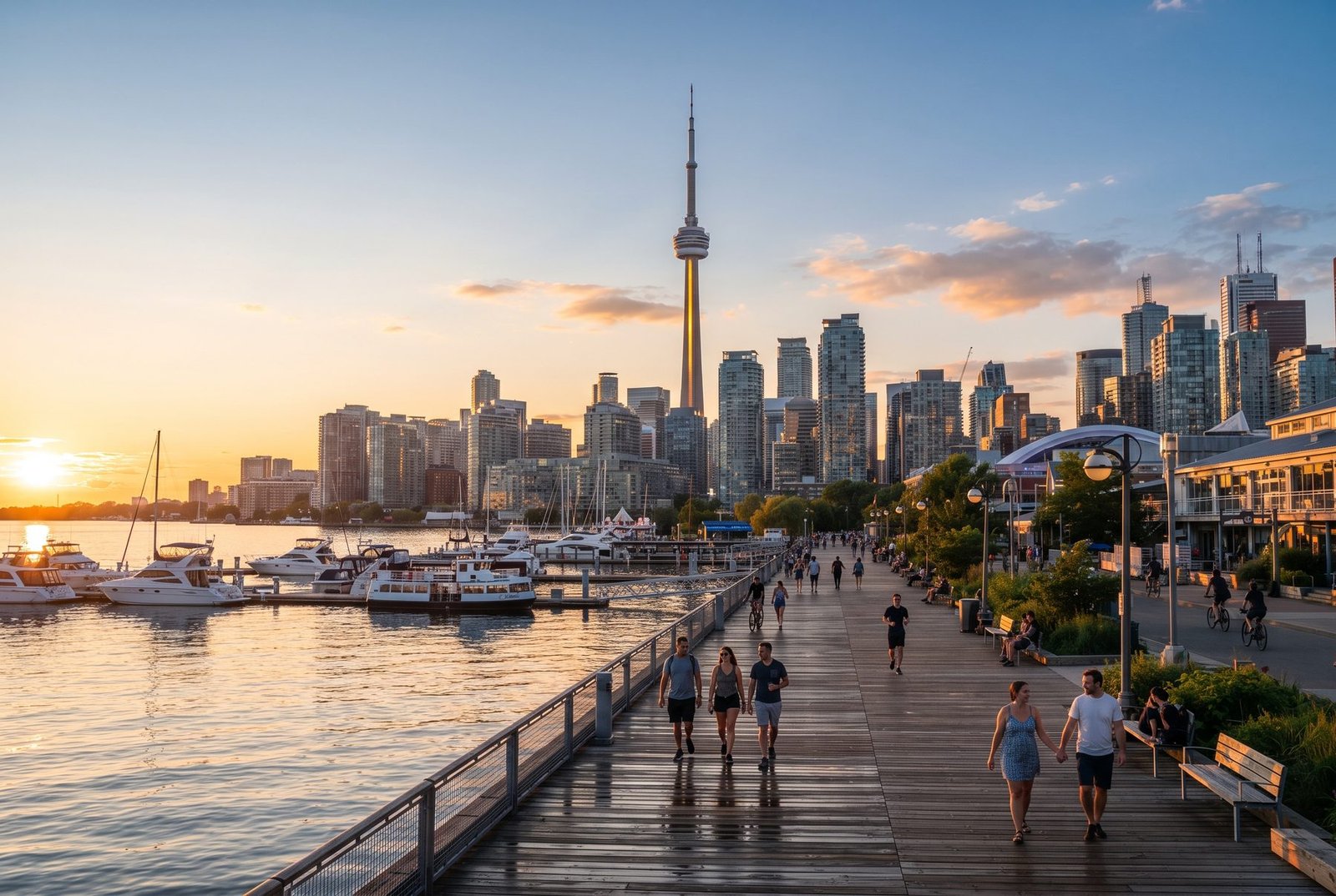 Toronto skyline with the CN Tower at sunset and people walking along the harbourfront boardwalk, Canada