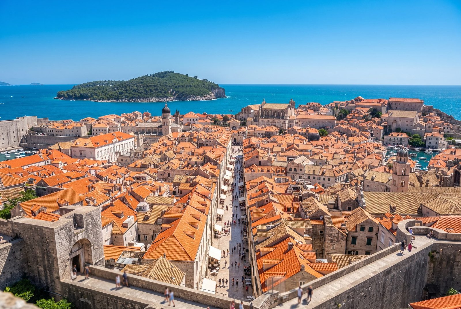 Dubrovnik old town rooftops and Stradun street seen from the city walls, Croatia