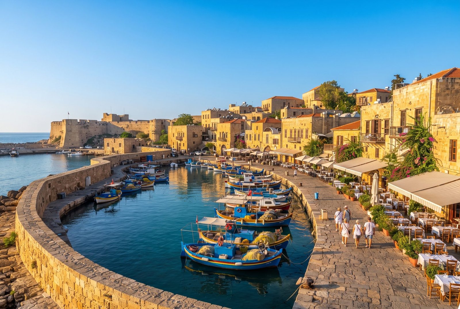 Old stone harbour with fishing boats and waterfront cafes in Cyprus