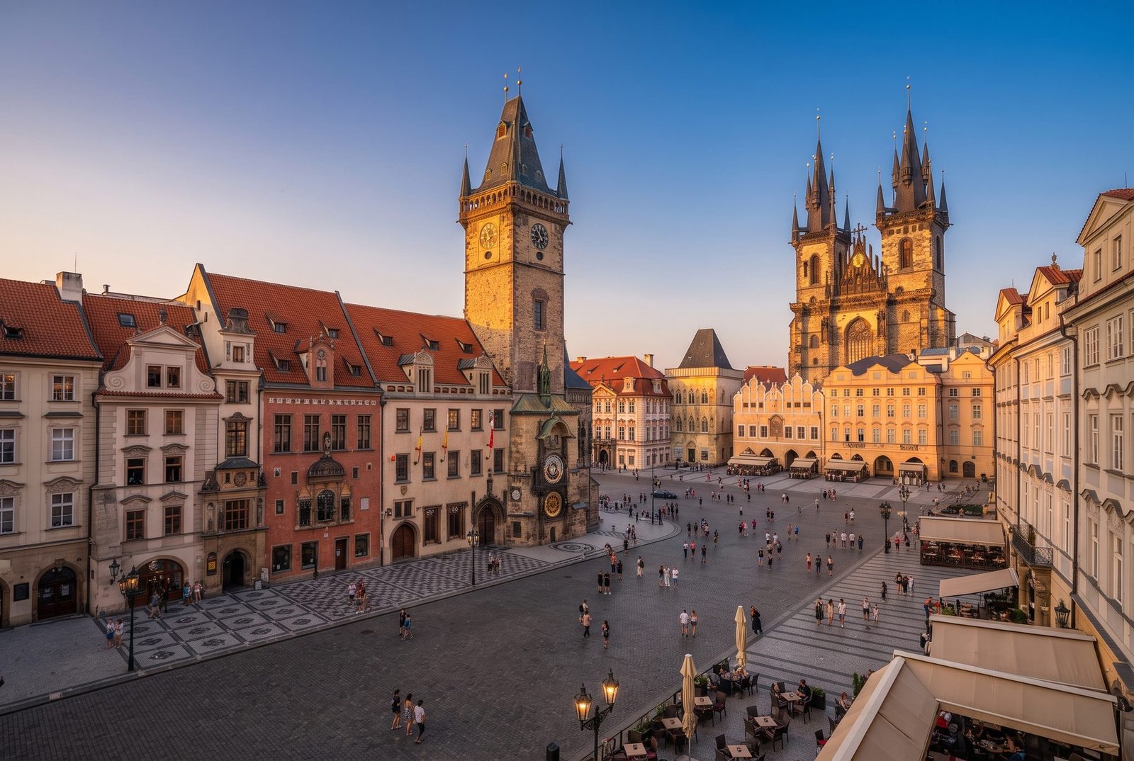 Prague Old Town Square with the Astronomical Clock tower and Týn Church, Czech Republic