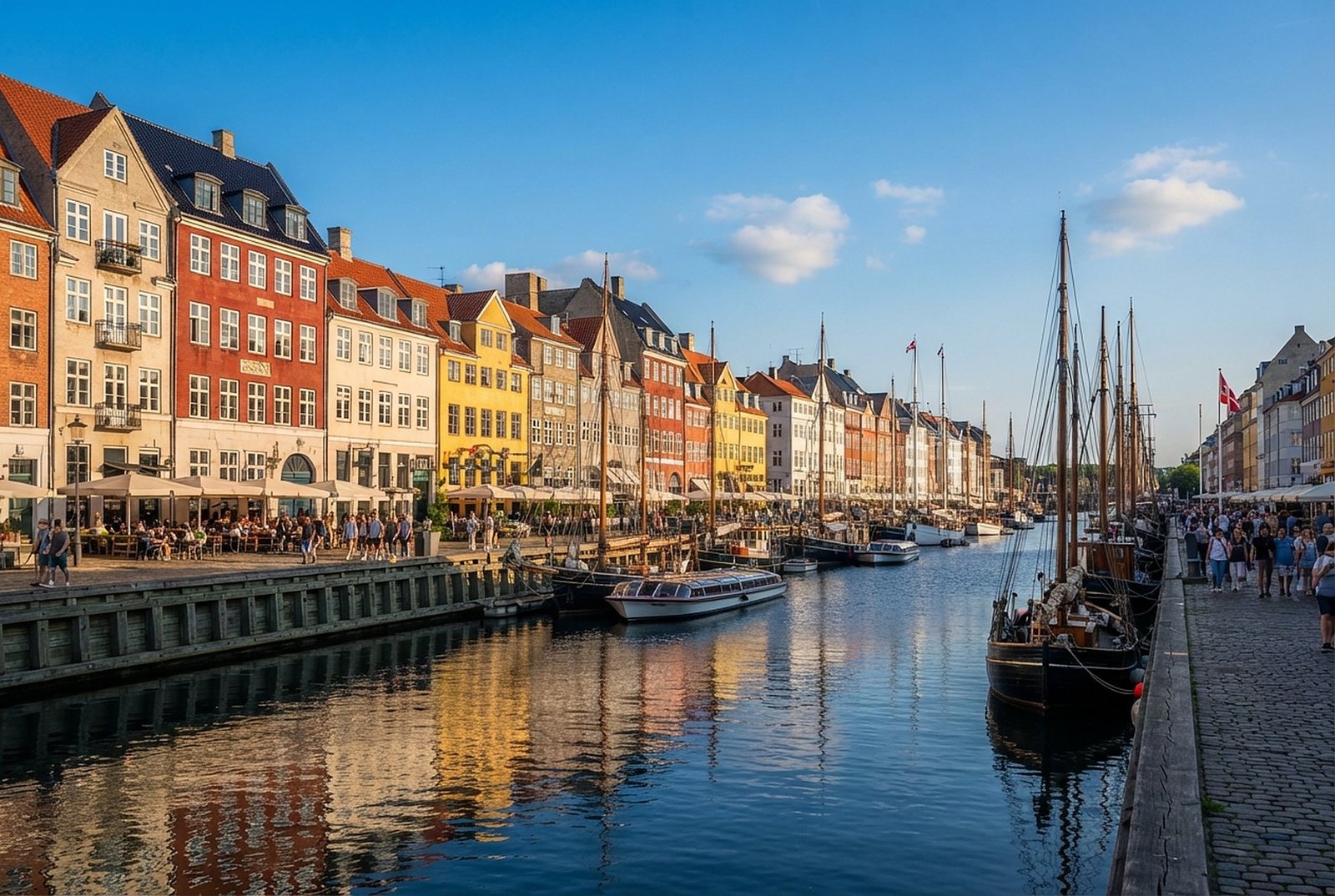 Colourful Nyhavn canal houses and historic ships in Copenhagen, Denmark