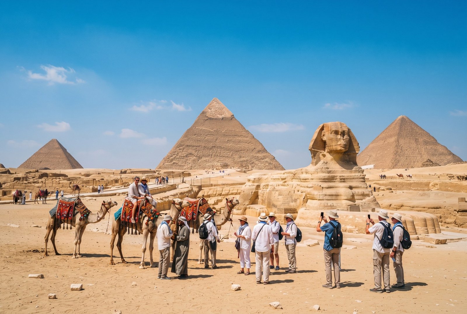 Tourists with a guide and camels in front of the Great Pyramids and the Sphinx at Giza, Egypt