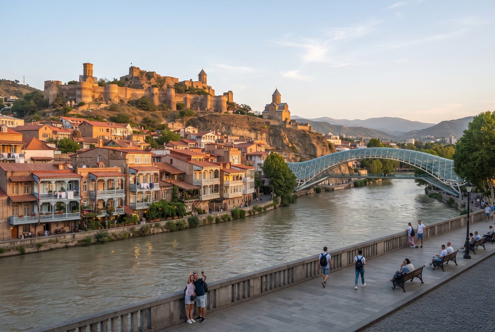 Old Tbilisi houses with wooden balconies on the Kura river with Narikala Fortress and the Peace Bridge, Georgia