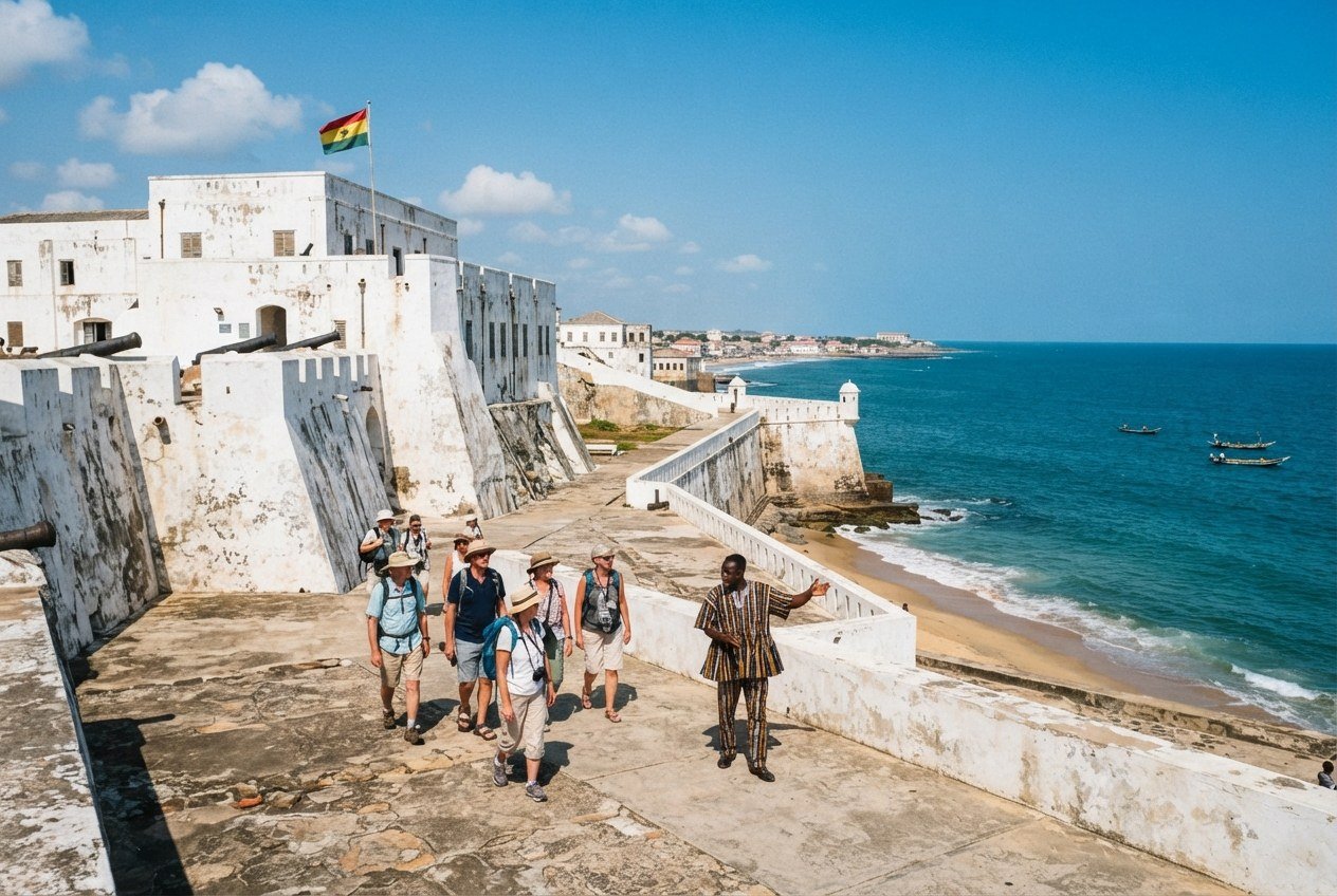 Tourists with a local guide walking along the white ramparts of Cape Coast Castle beside the Atlantic Ocean, Ghana