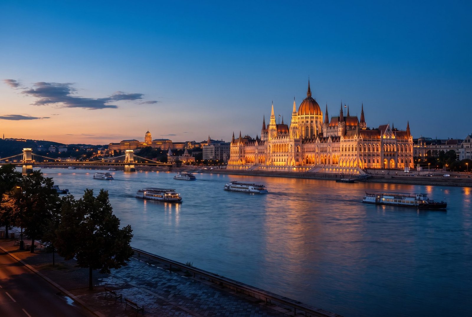 Hungarian Parliament Building on the Danube at dusk, Budapest, Hungary
