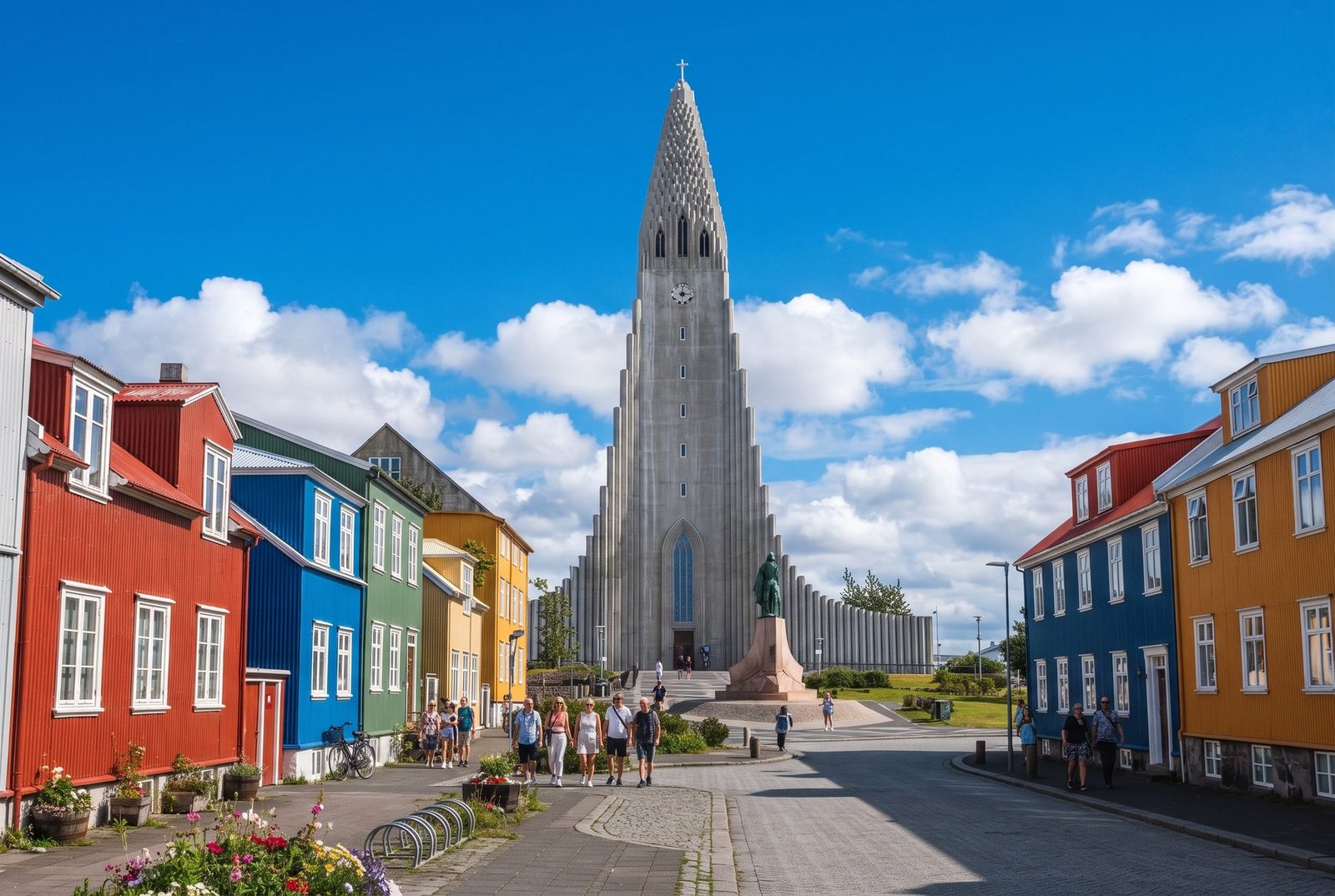 Hallgrímskirkja church and colourful houses in Reykjavik, Iceland