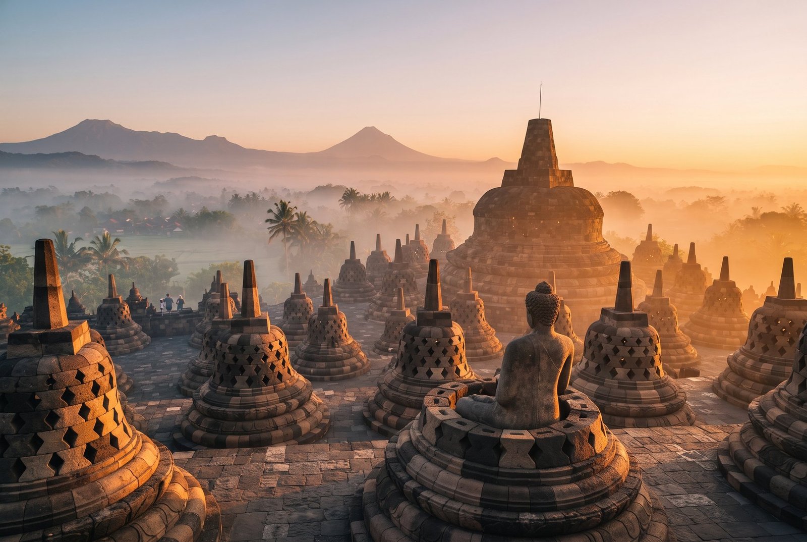 Borobudur Temple stupas rising above morning mist at sunrise in Java, Indonesia
