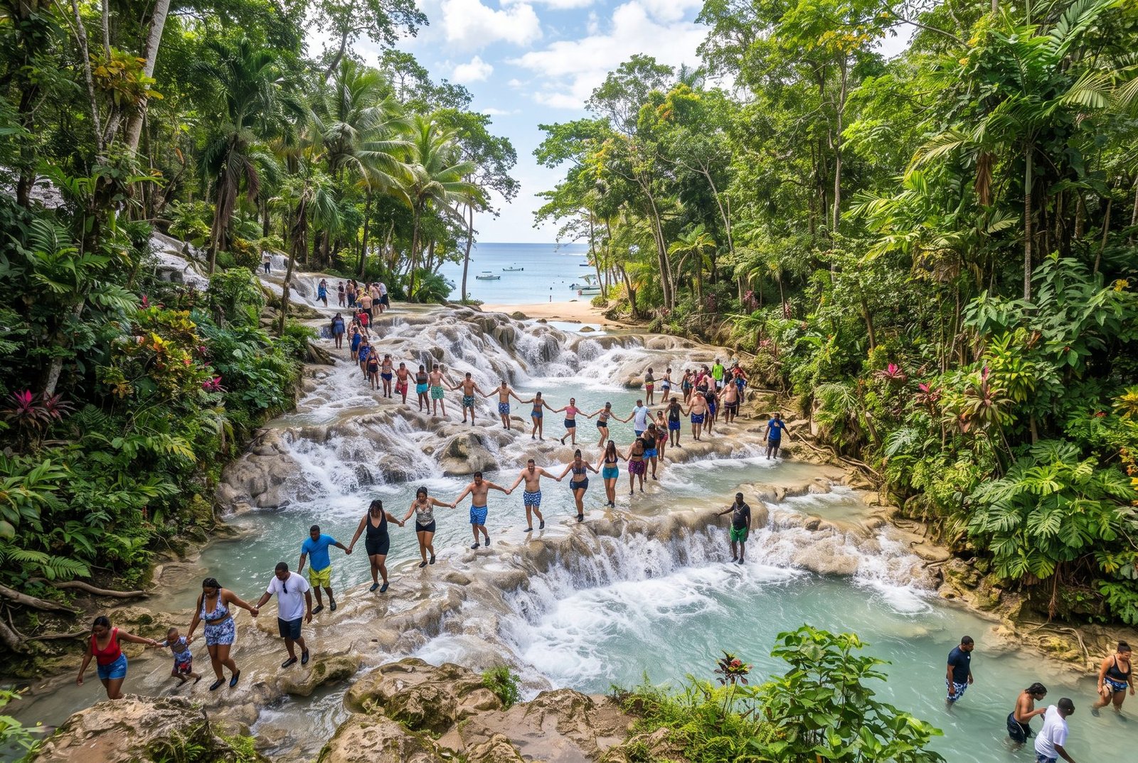 Tourists linking hands to climb the cascading Dunn's River Falls through tropical forest toward the sea, Ocho Rios, Jamaica