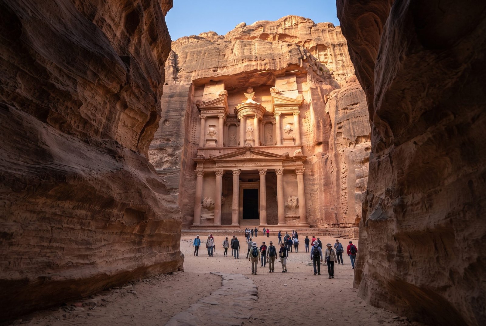 Tourists walking in front of Petra's Treasury (Al-Khazneh) seen from the Siq canyon, Jordan