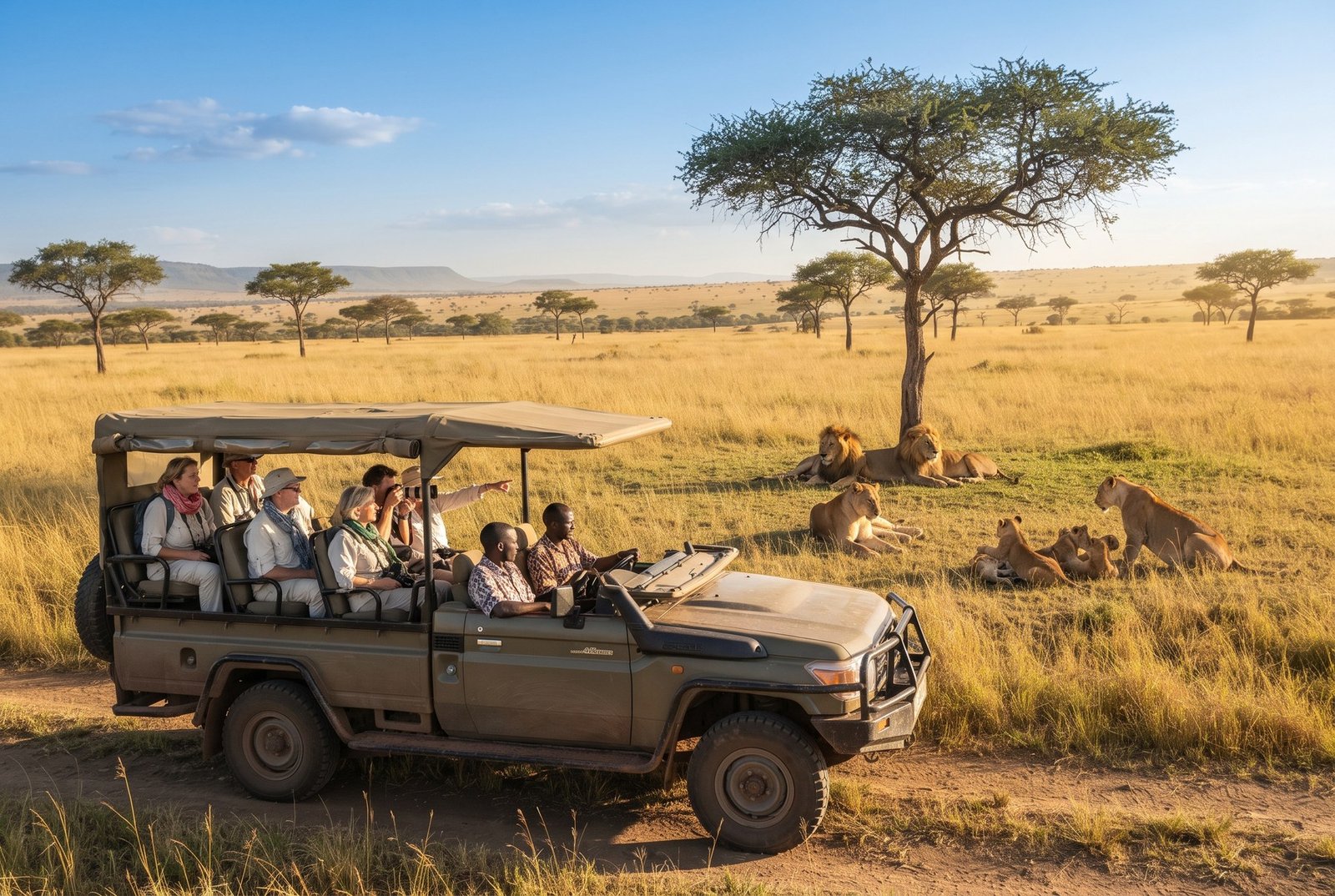 Tourists on an open safari vehicle watching a lion pride resting under an acacia tree in the Maasai Mara, Kenya