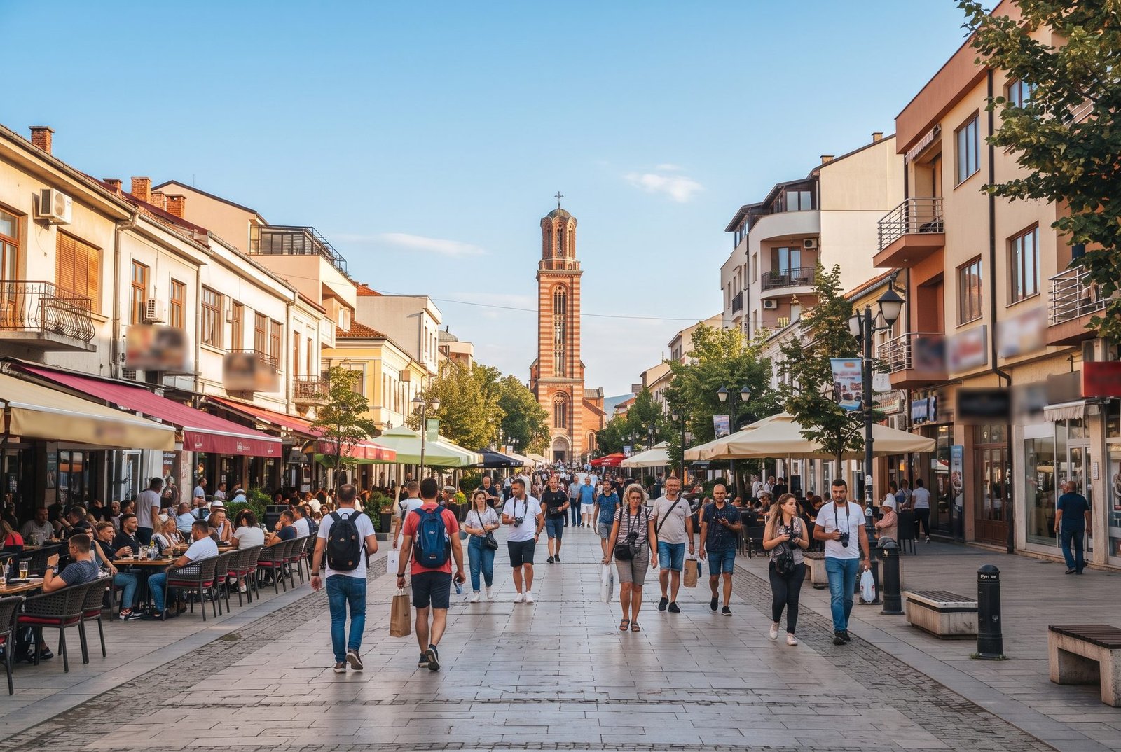 Pedestrian street in the town centre with café terraces, tourists and a red-and-white brick church tower, Kosovo