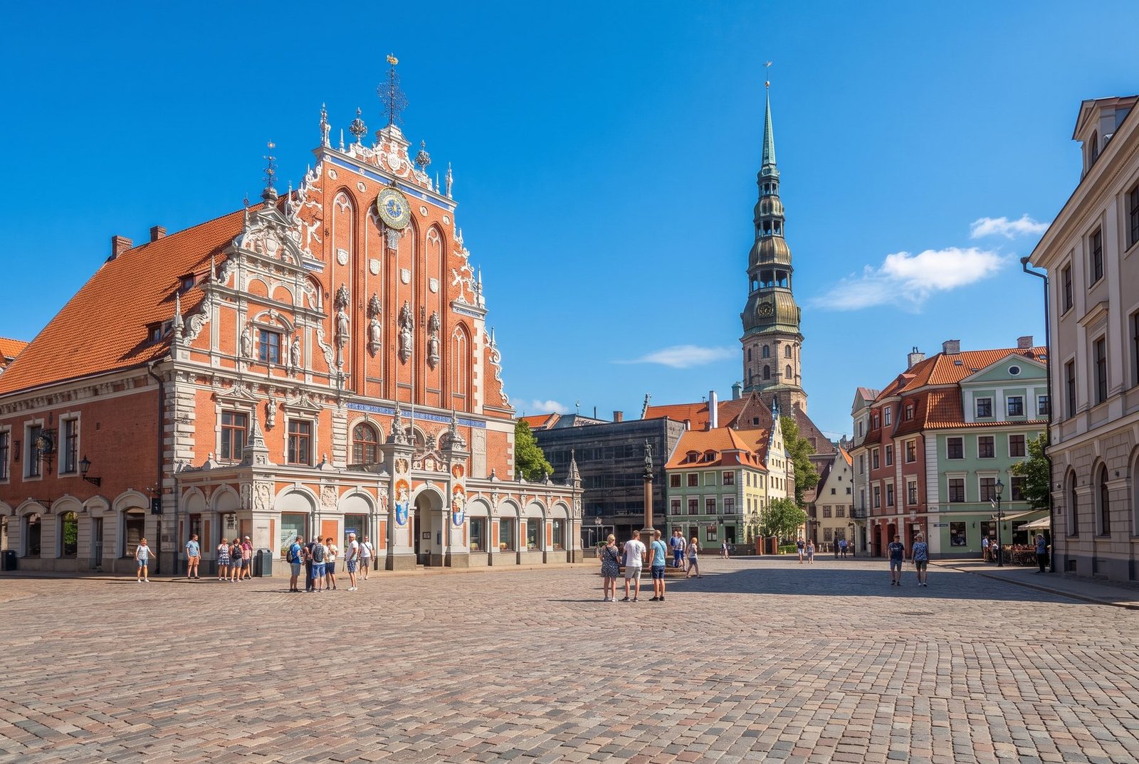 House of the Blackheads and St Peter's Church spire in Riga Old Town, Latvia