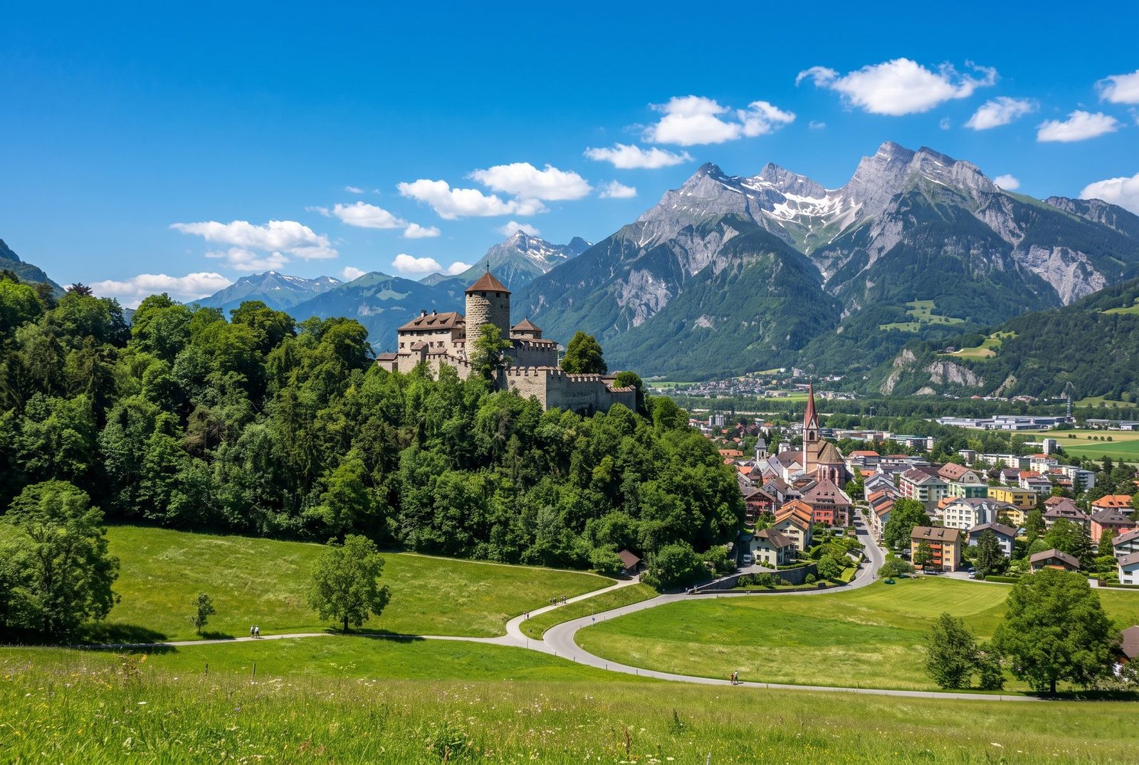 Vaduz Castle on a forested hill above the town of Vaduz with Alpine mountains, Liechtenstein