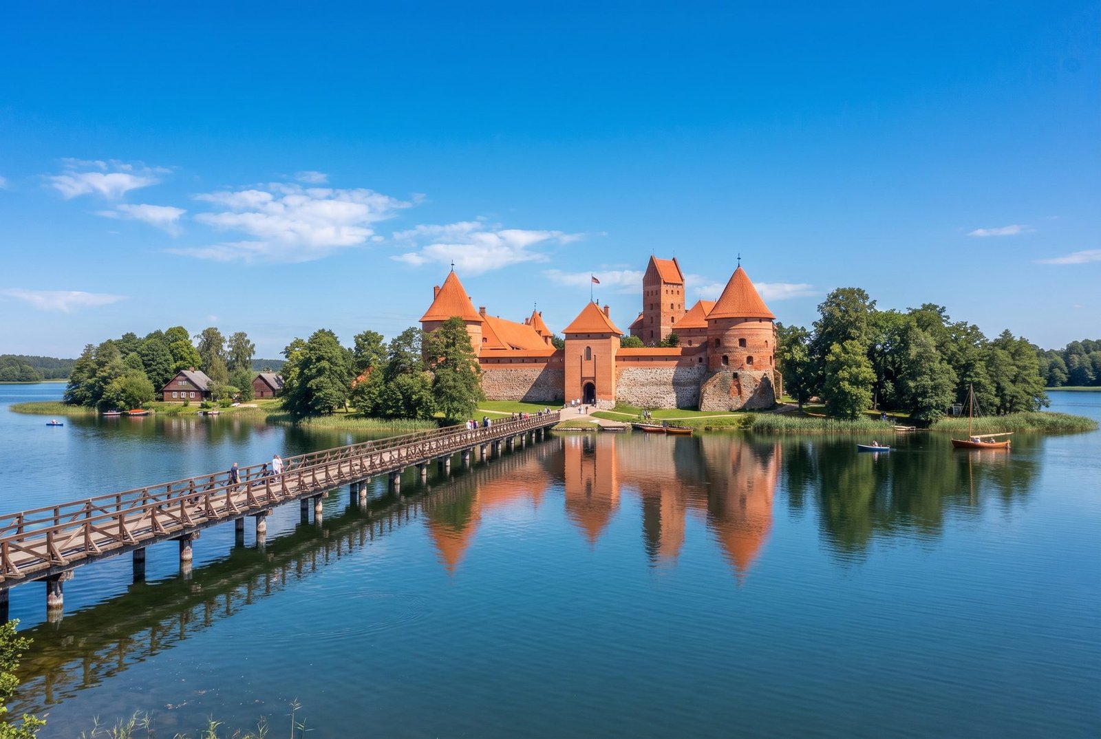 Trakai Island Castle and wooden bridge reflected in the lake, Lithuania