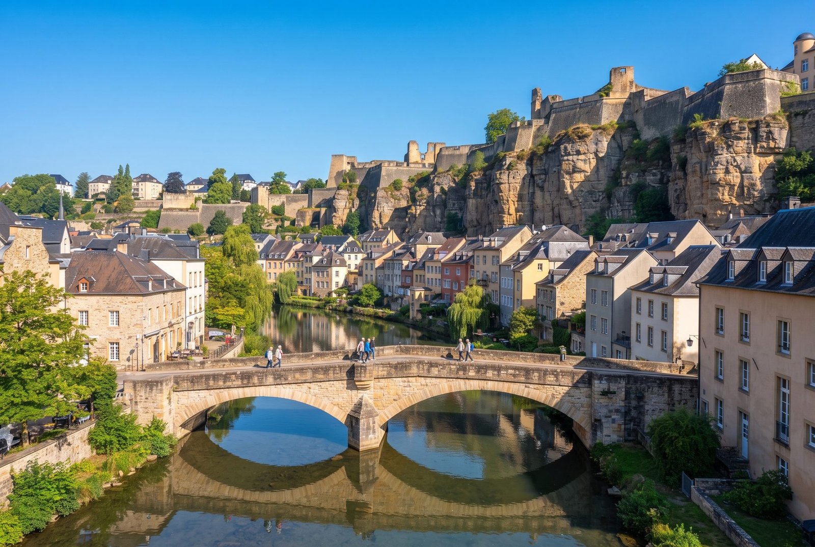 Grund district with the stone bridge over the Alzette river and Bock Casemates cliff, Luxembourg City
