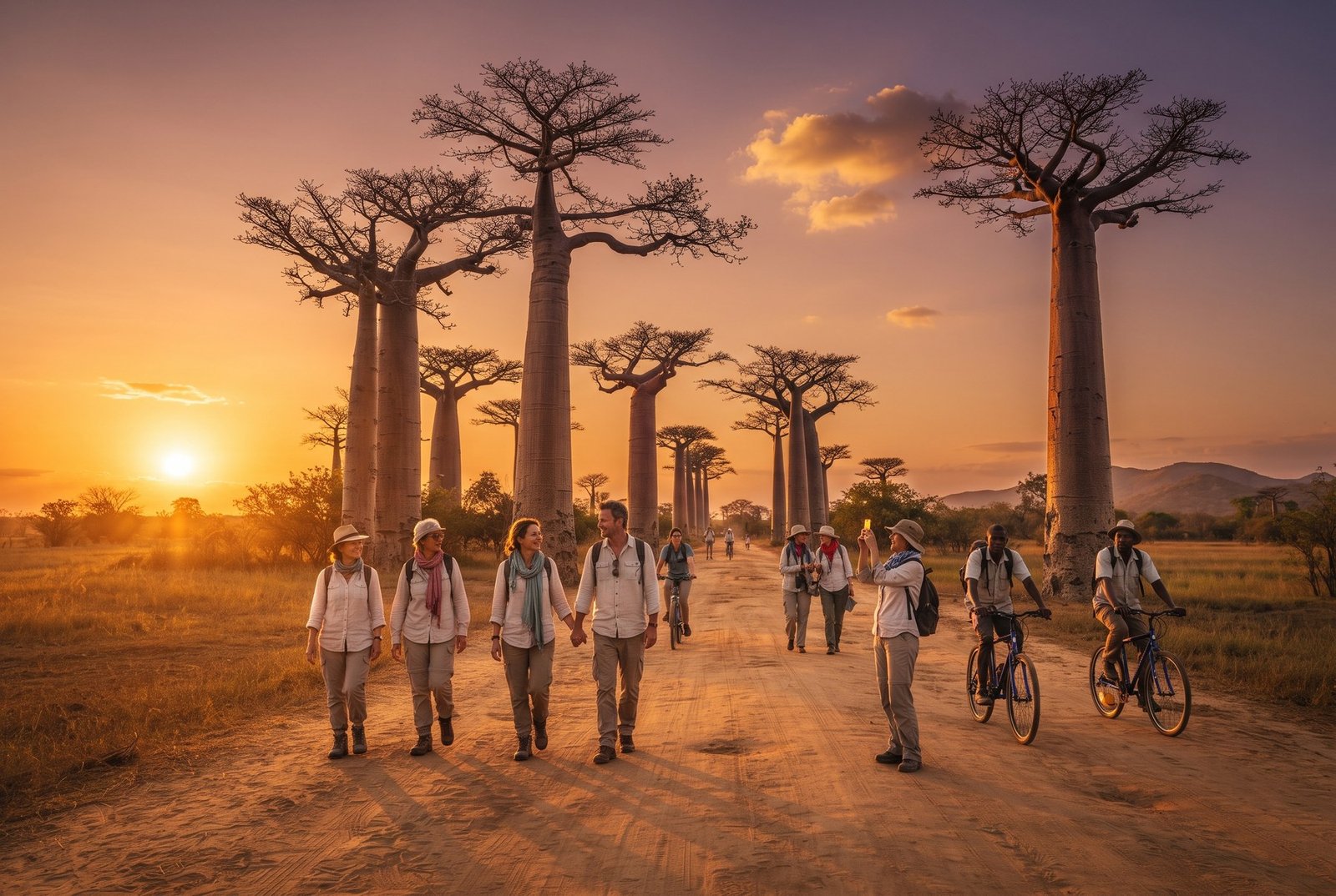 Tourists walking and cycling along a dirt road lined with giant baobab trees at sunset on the Avenue of the Baobabs, Madagascar
