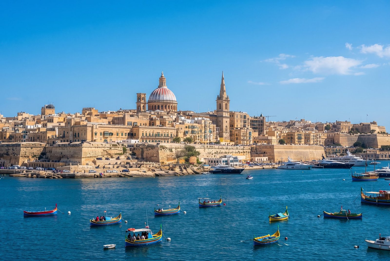 Valletta Grand Harbour with limestone fortifications and traditional boats, Malta
