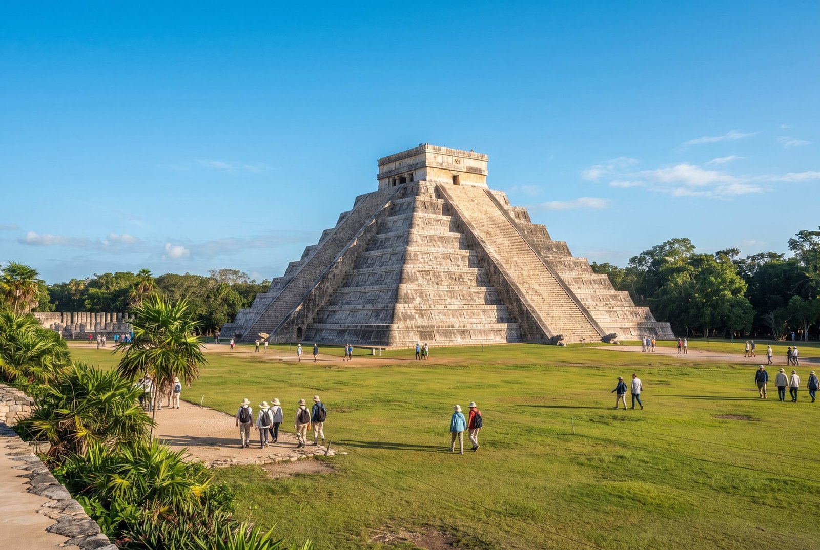 El Castillo pyramid at Chichén Itzá with tourists walking on the grass, Yucatán, Mexico