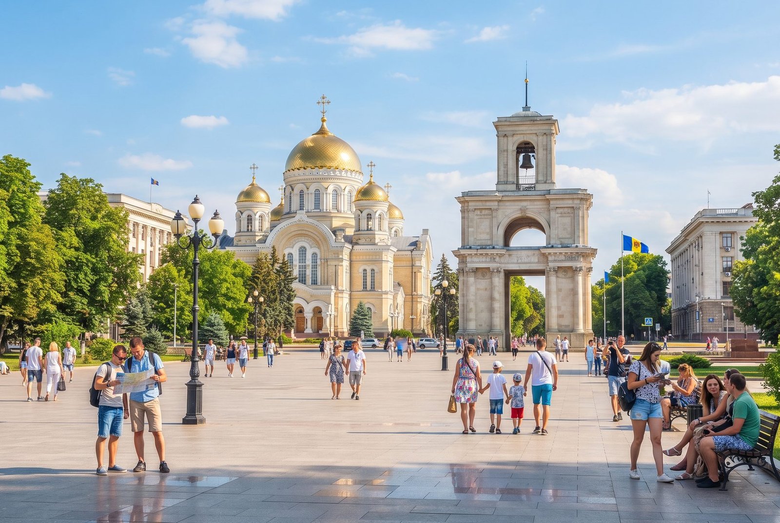 Great National Assembly Square in Chisinau with the Nativity Cathedral, Triumphal Arch and tourists, Moldova