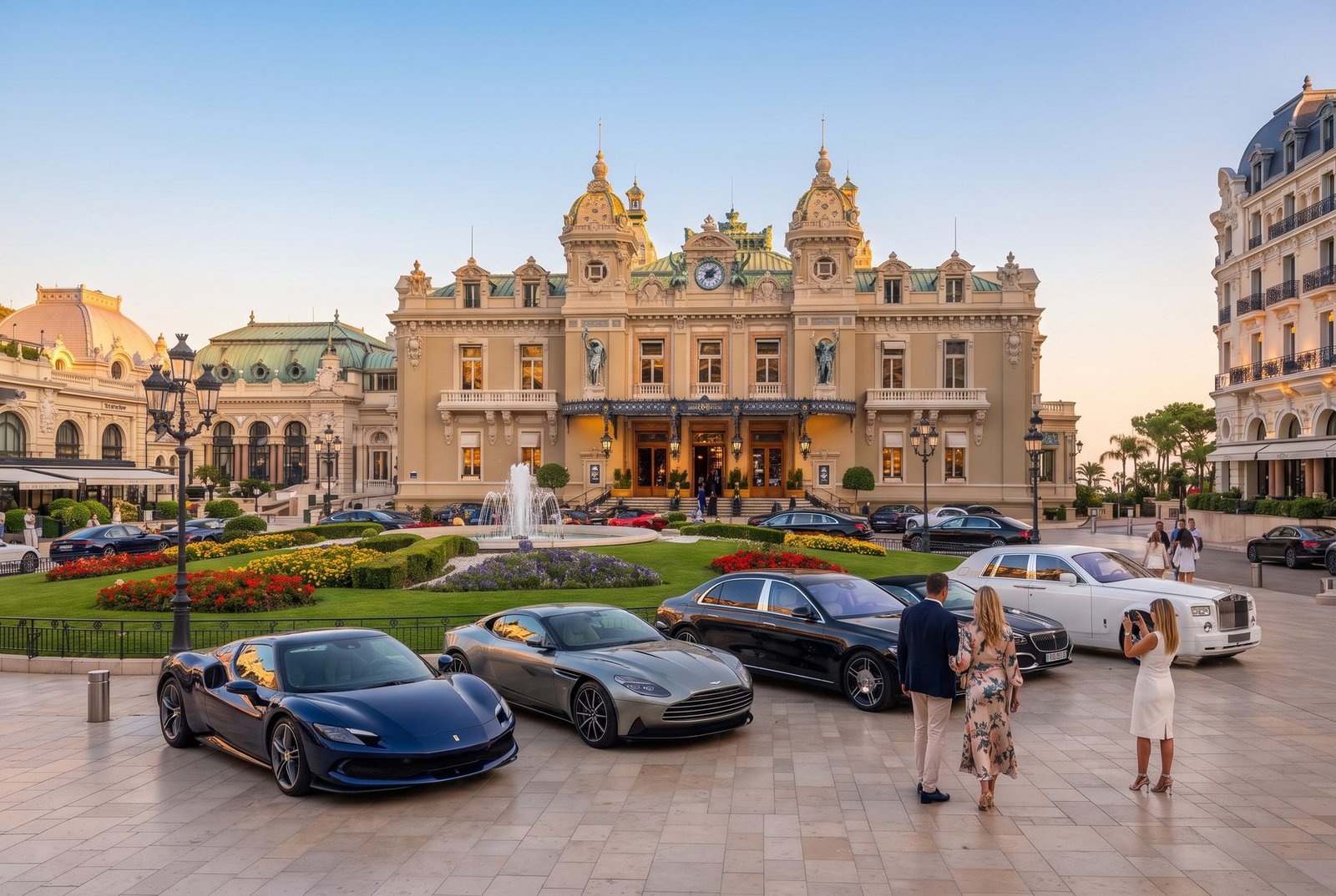 Place du Casino in Monte Carlo with the Belle Epoque casino, fountain gardens and luxury cars, Monaco