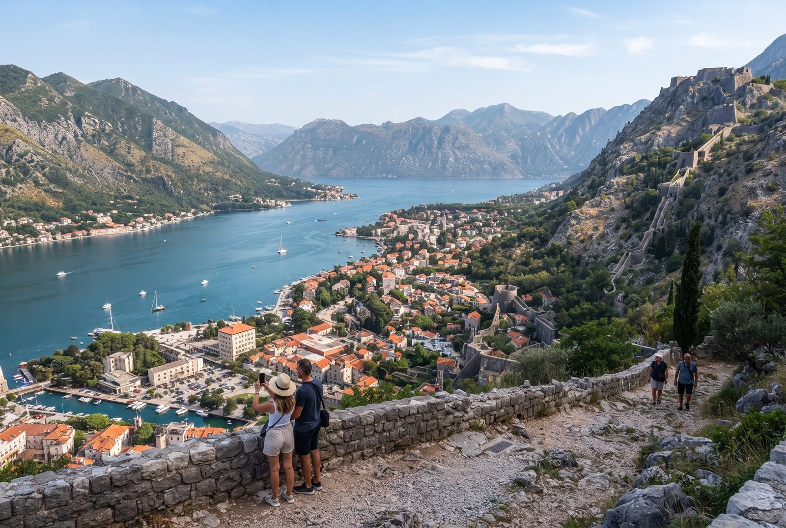 Bay of Kotor and the old town walls seen from a viewpoint above Kotor, Montenegro