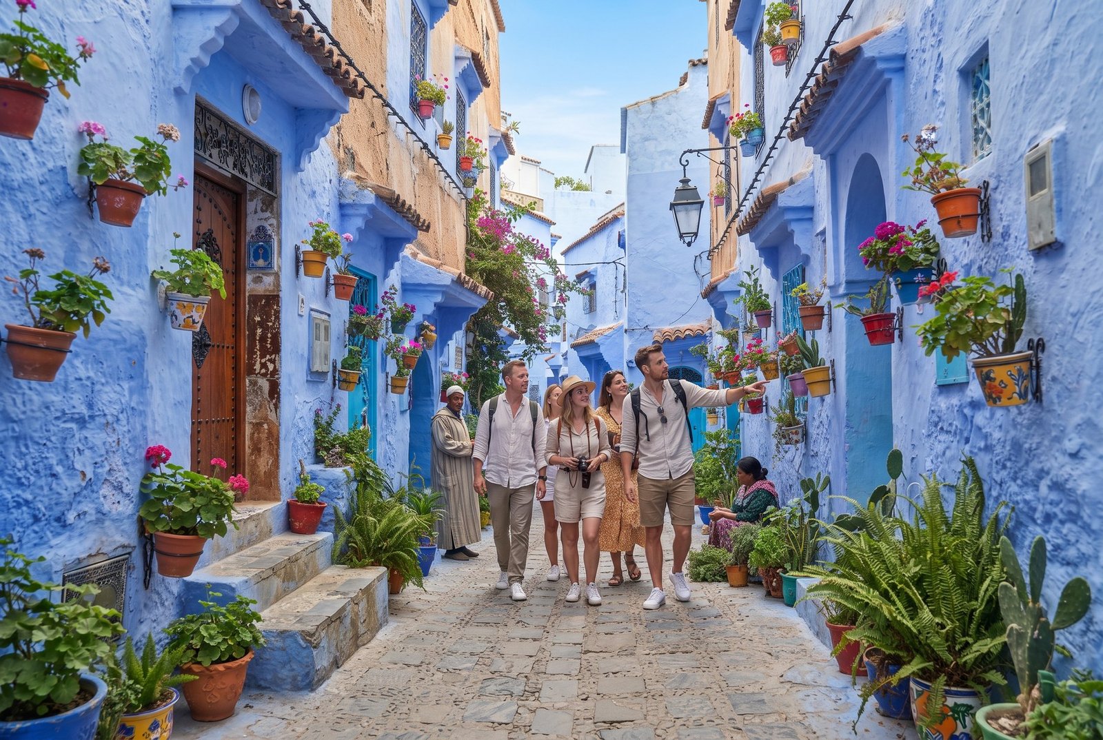 Tourists with a local guide walking through a blue-painted street with potted flowers in the old town of Chefchaouen, Morocco