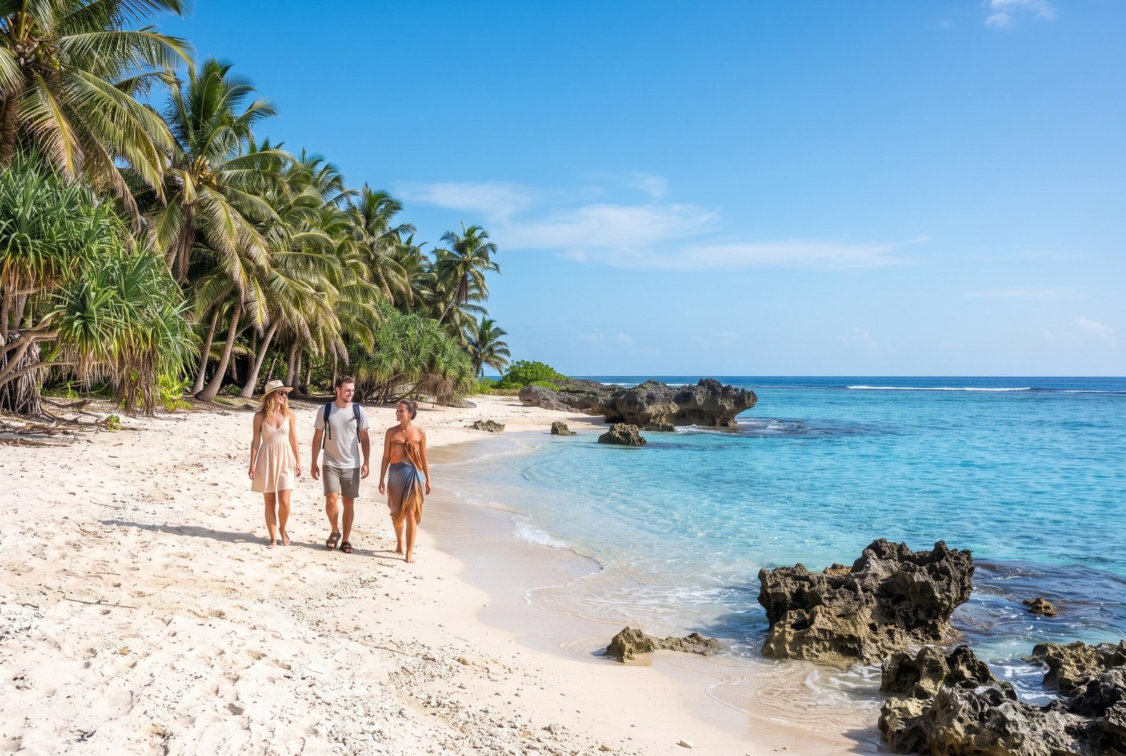 Tourists walking along a white sand beach with palm trees, coral rocks and turquoise water at Anibare Bay, Nauru