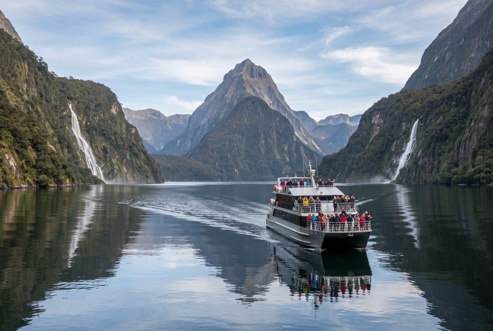 Tour boat on calm water in Milford Sound with Mitre Peak and waterfalls on the cliffs, New Zealand