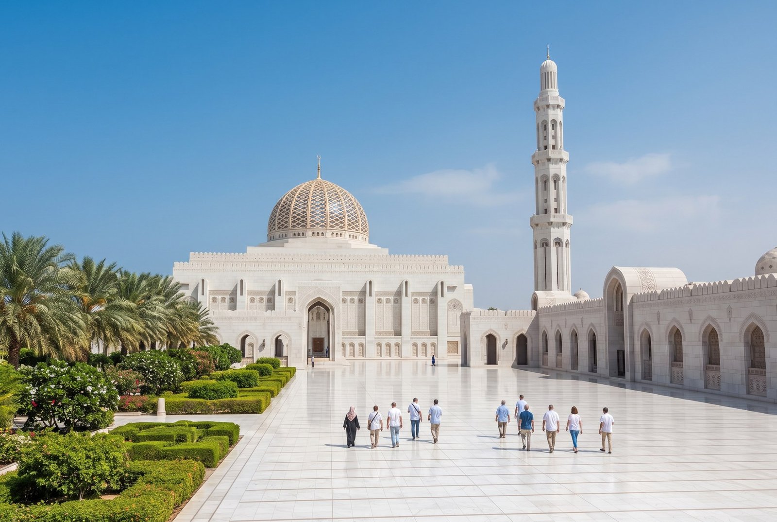Visitors walking across the white marble courtyard of the Sultan Qaboos Grand Mosque with its minaret and gardens, Muscat, Oman