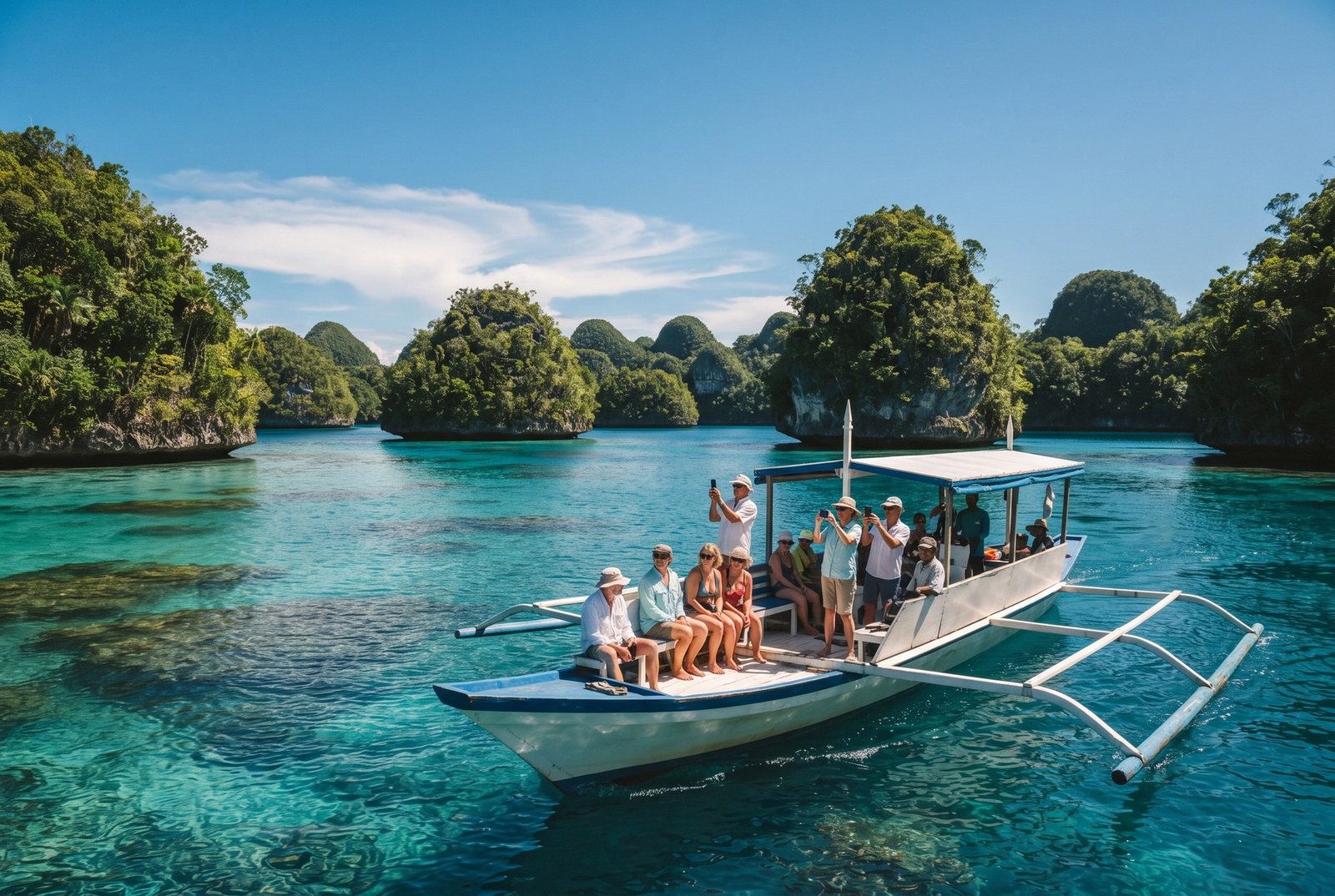 Tourists on a boat tour among green limestone Rock Islands in the turquoise lagoon of Palau