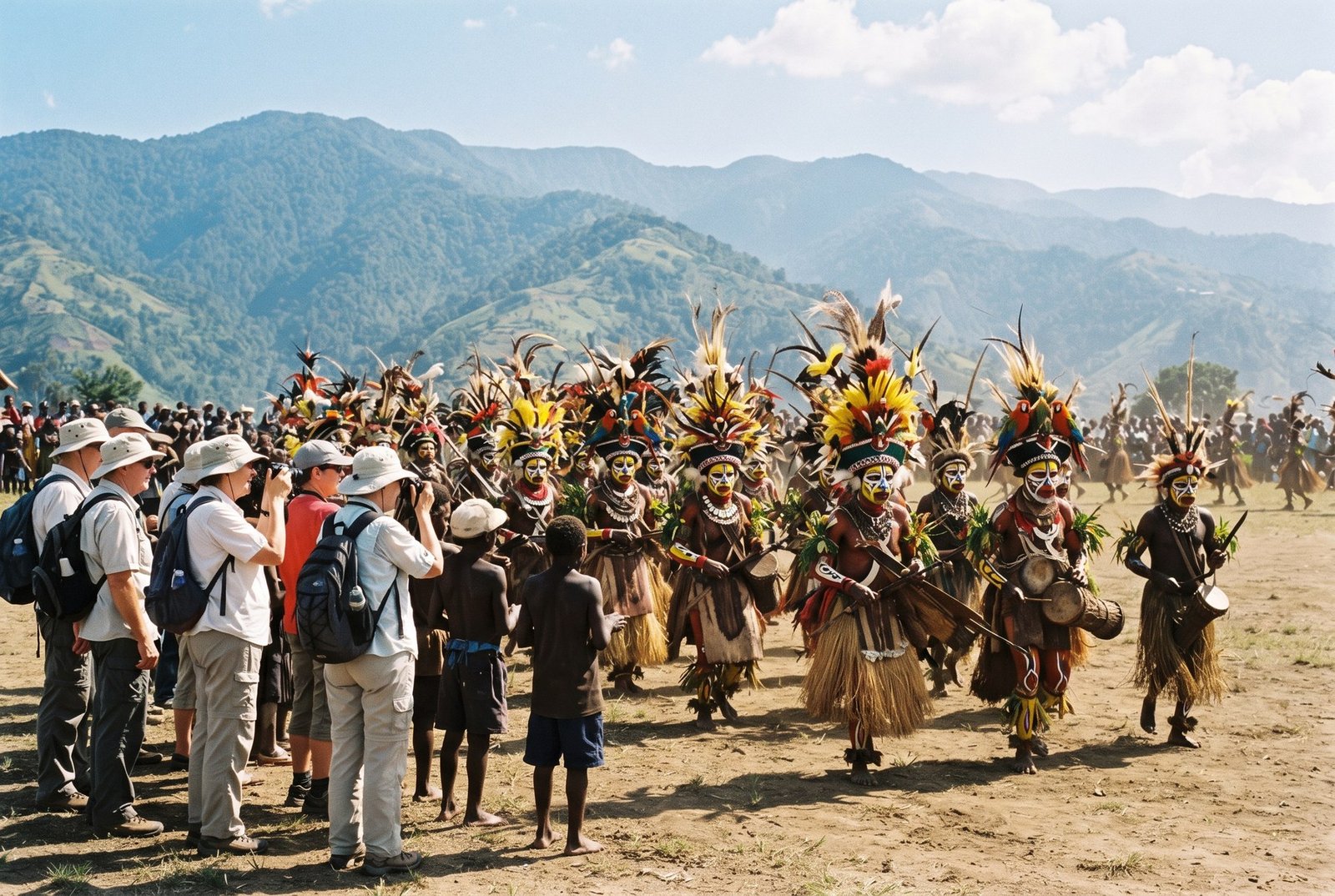 Tourists photographing a Sing-Sing cultural festival with performers in feather headdresses and face paint in the highlands near Mount Hagen, Papua New Guinea