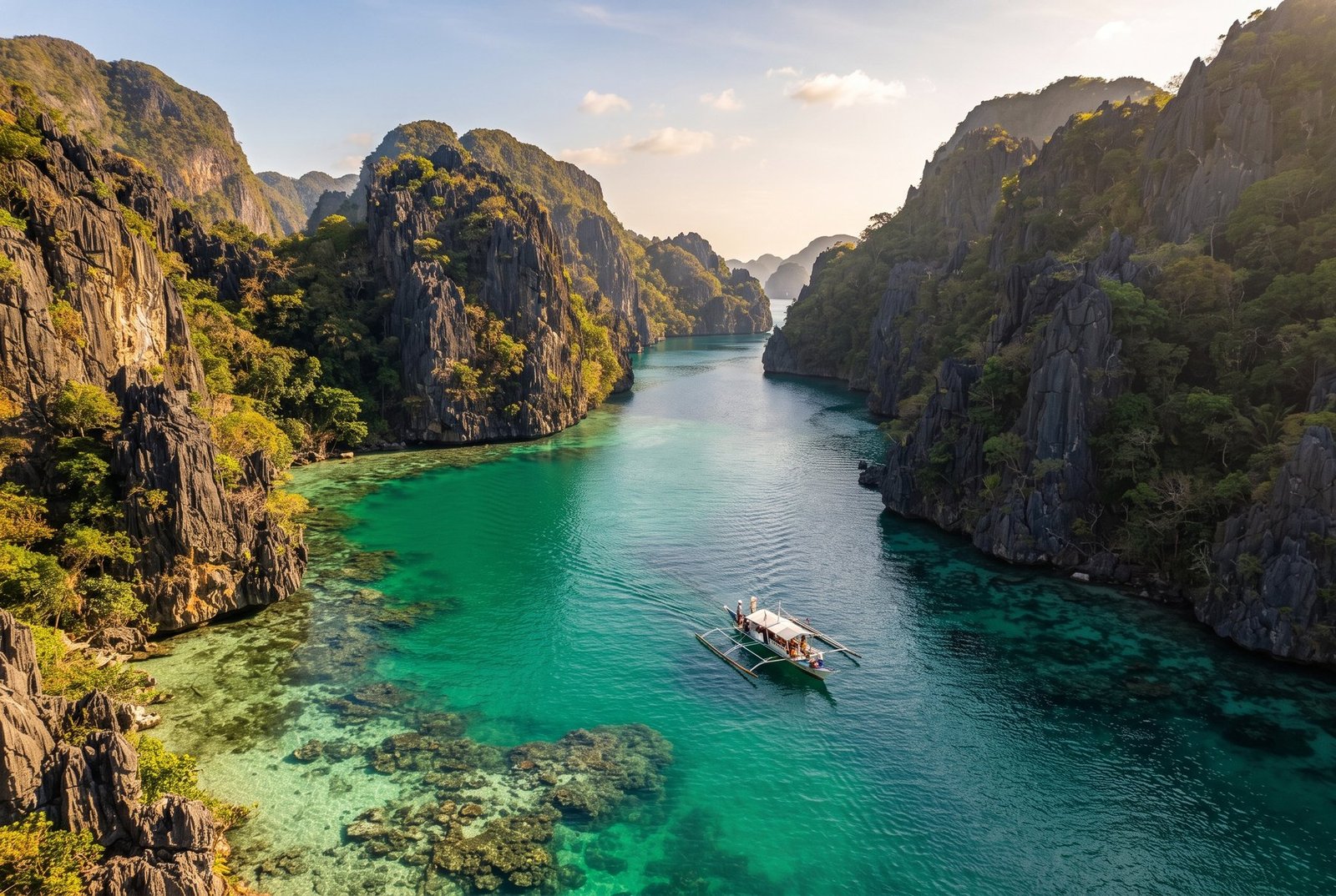 Wooden bangka boat on the emerald lagoon between limestone cliffs in El Nido, Palawan, Philippines