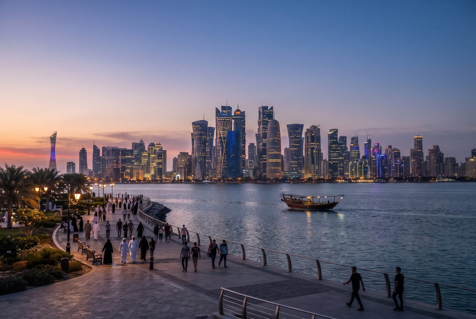 Doha skyline at dusk from the Corniche promenade with a traditional dhow boat and people walking along the waterfront, Qatar