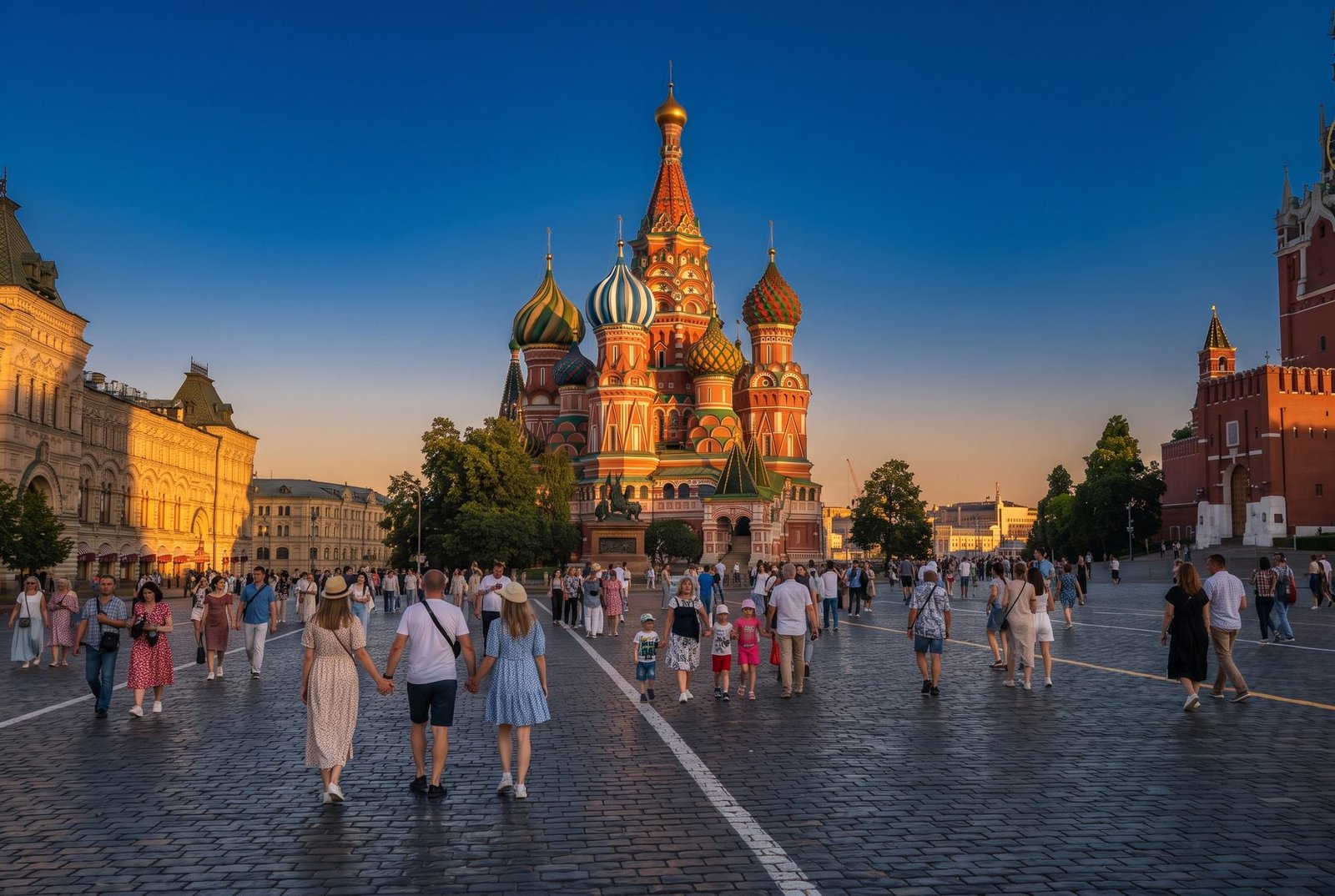 St. Basil's Cathedral on Red Square in Moscow at sunset with tourists walking on the cobblestones, Russia