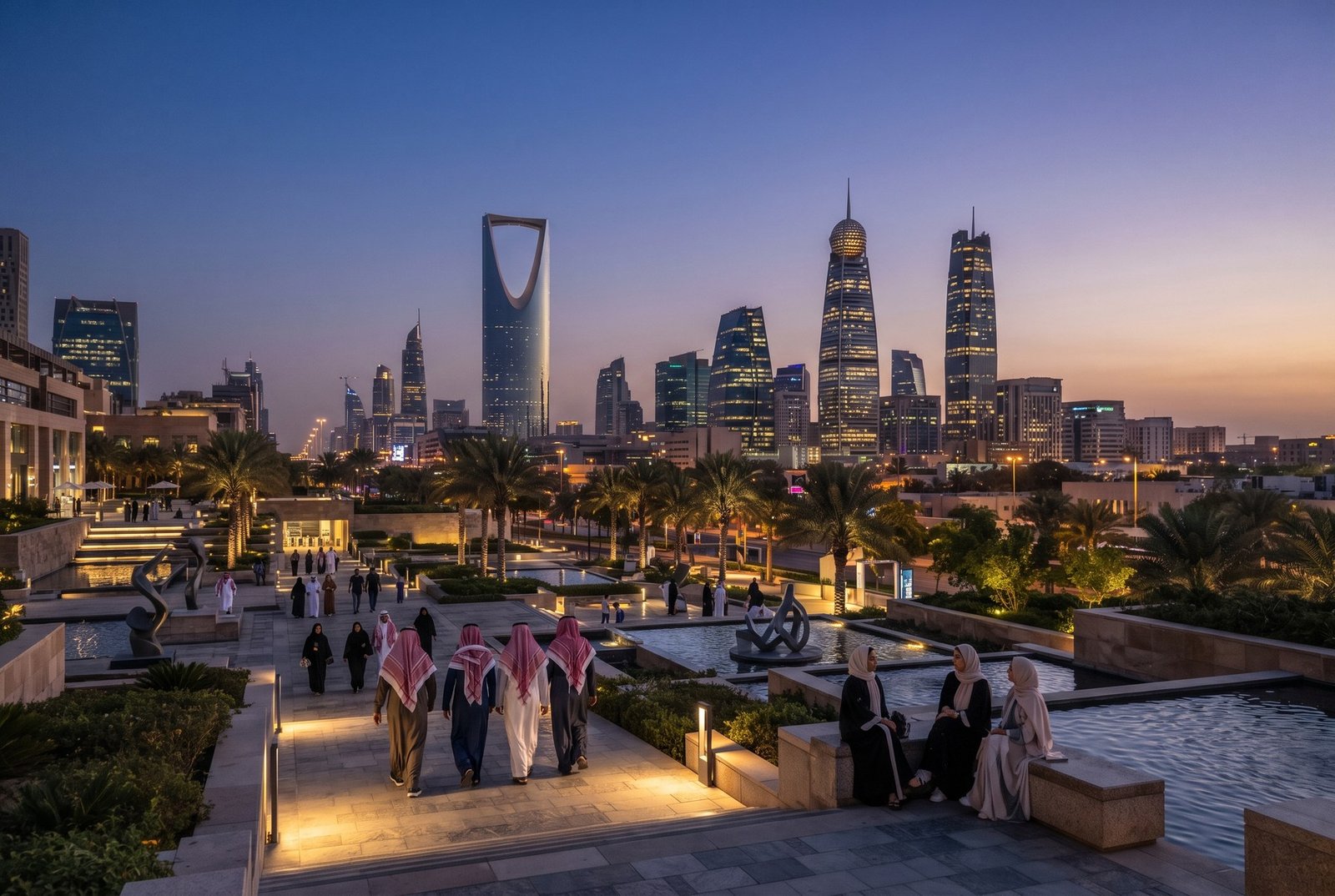 Visitors walking through landscaped gardens with fountains and sculptures at dusk with the Kingdom Centre and Riyadh skyline, Saudi Arabia