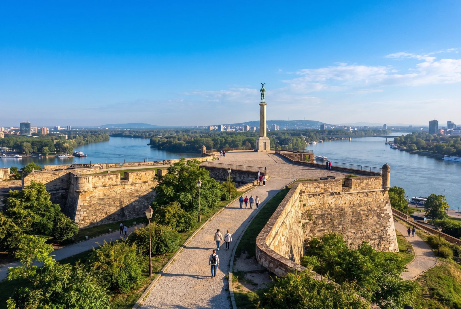 Belgrade Fortress Kalemegdan with the Victor monument above the Sava and Danube rivers, Serbia