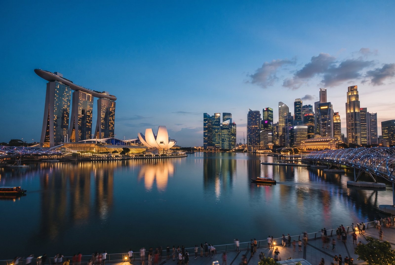 Marina Bay skyline with Marina Bay Sands and the ArtScience Museum at blue hour, Singapore