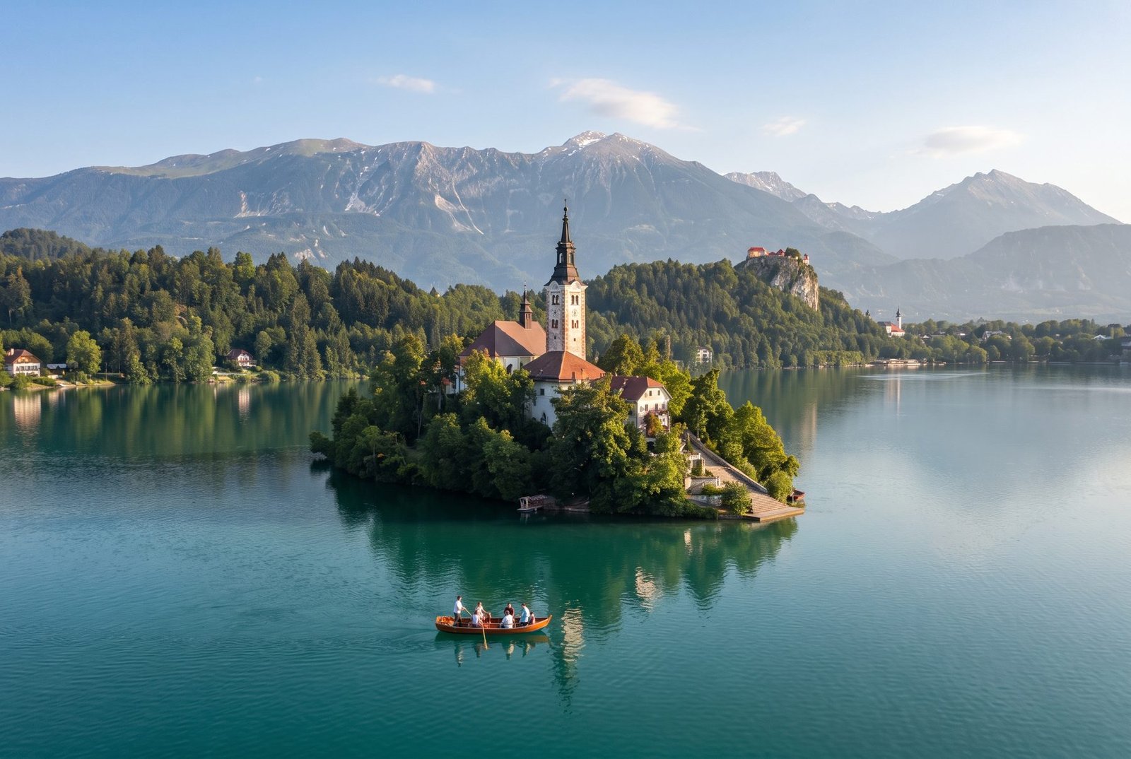 Lake Bled with its island church and the Julian Alps, Slovenia